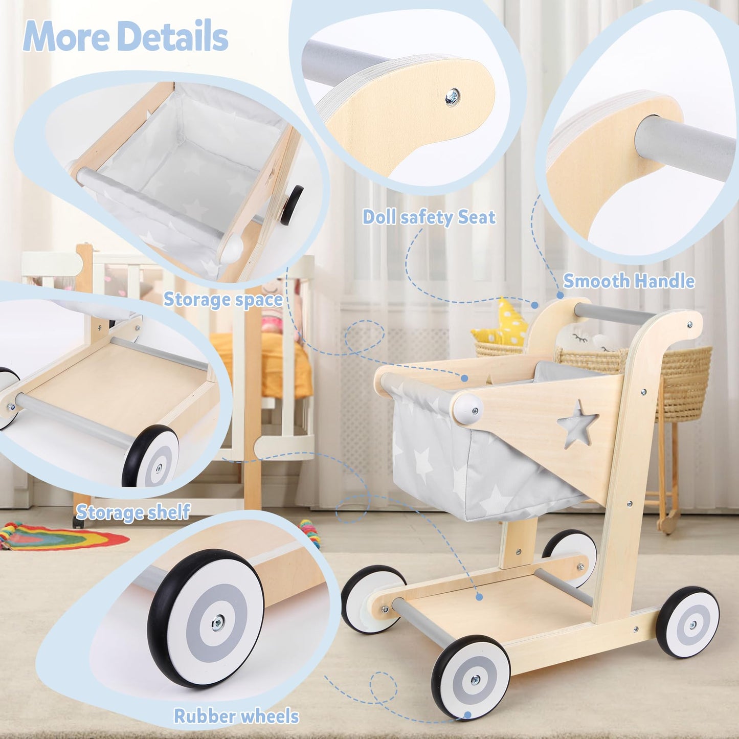 Asweets Wooden Baby Walker & Doll Stroller, Grey, Medium, Model ACBW-2, Push & Pull Learning Toy for Boys & Girls