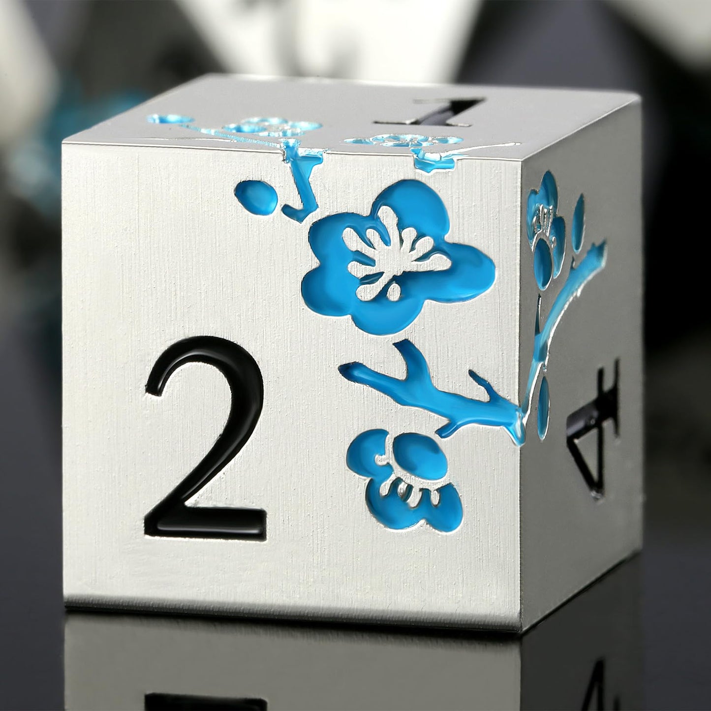 Glow in The Dark Flower Metal Dice, DNDND 7 PCS Blue Metallic D&D Dice Set with Grogeous Gift Case for Dungeons and Dragon Table