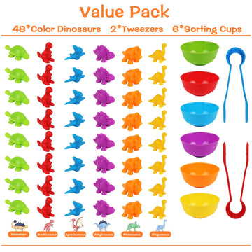 Lokipa Counting Dinosaurs Toys Matching Game With Rainbow Sorting Cups, Color Sorting Set Preschool Learning Activities Educatio