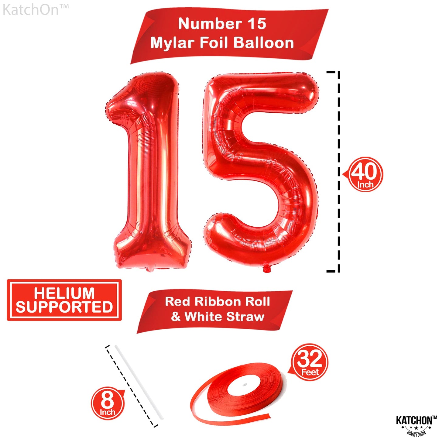 Katchon, Huge Red 15 Balloons Number - 40 Inch | Number 15 Balloons, 15Th Birthday Decorations For Girls | Red Quinceanera Decorations | 15 Birthday Balloons For Boys | 15 Year Old Balloons For Boys