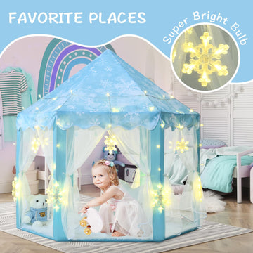 Kixinwa Frozen Princess Tent For Girls, Kids Play Tent With Led Large Snowflake Lights, Castle Playhouse Tent For Children Toddl