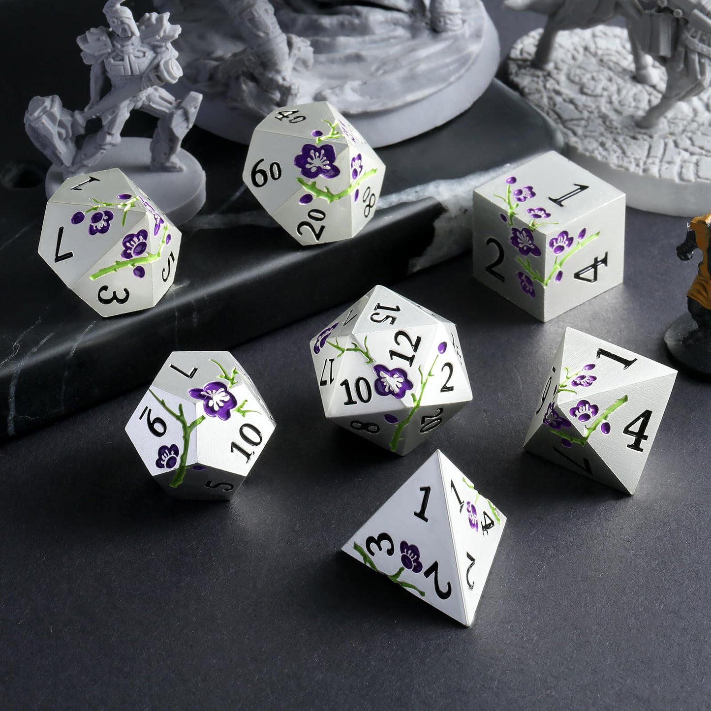 Flower Silver Metal Dice, DNDND 7 PCS Heavy Metallic D&D Dice Set with Grogeous Gift Case for Dungeons and Dragon Tabletop Game