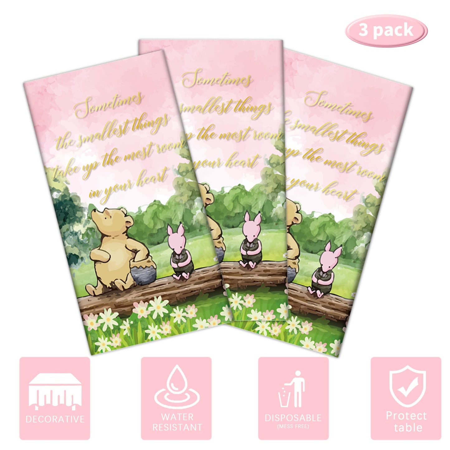 Auroraparty 3Pcs Girl Winnie Party Tablecloth Bear Baby Shower Table Cover Pink Sky Plastic Disposable Rectangle Tablecloth Oh B
