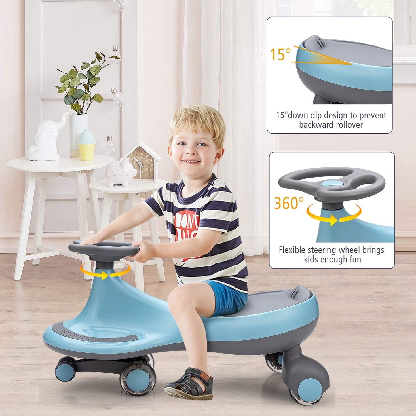 BABY JOY Wiggle Car, Ride-on Toy for Kids 3+, LED Wheels, 27"x12"x14", Blue, Model LB1801, No Batteries Required