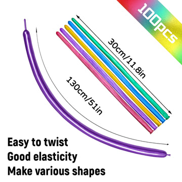 100Pcs 260 Balloons Metallic Long Balloons For Balloon Animals, Thickening Skinny Latex Twisting Balloon For Animals Modeling Ch