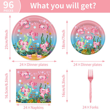 96Pcs Axolotl Birthday Party Supplies - Pink Reptile Animals Axolotl Plates Napkins Forks Disposable Tableware Set Girl Axolotl