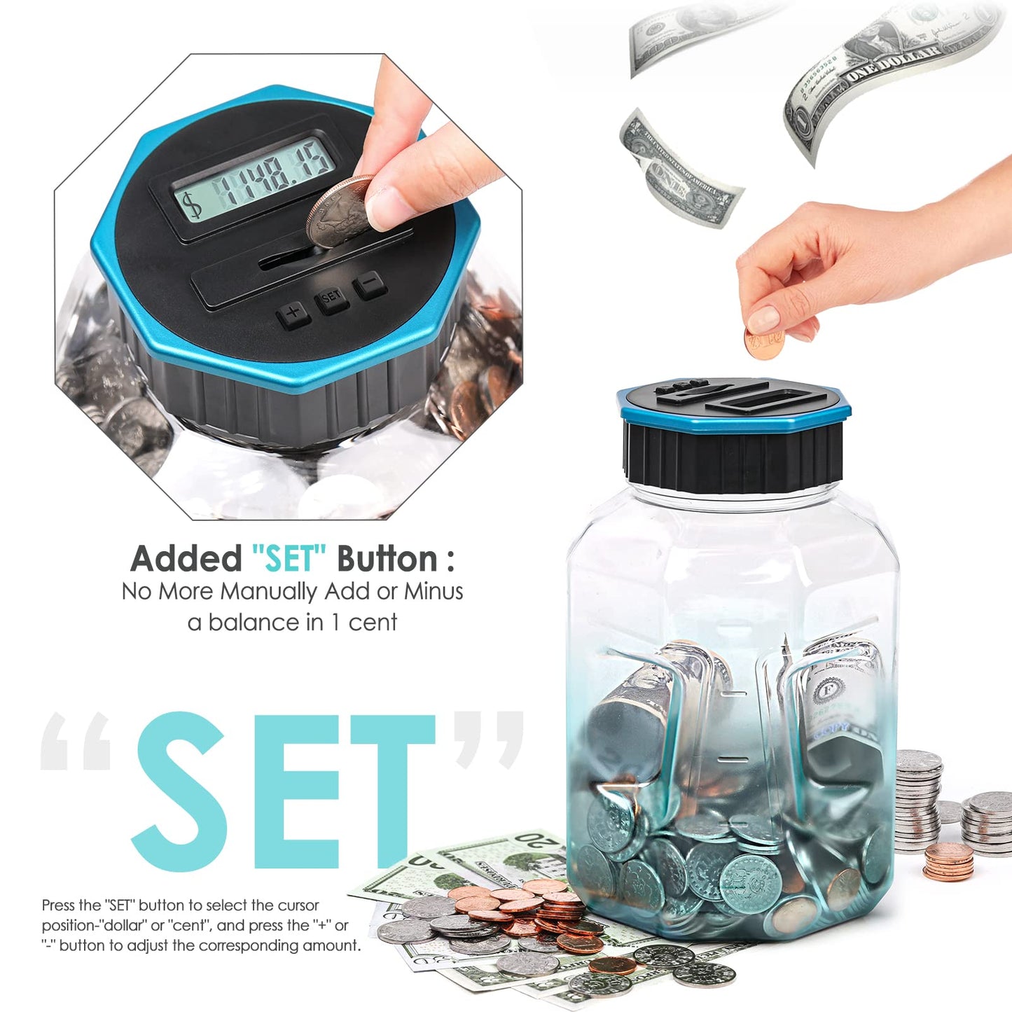 X-Large Piggy Bank For Adults Kids, Vcertcpl Digital Coin Counting Bank With Lcd Counter, 2.4L Capacity, Great Coin Counter Bank Money Counting Jar With Total Amount Displayed (G Blue, X-Large)