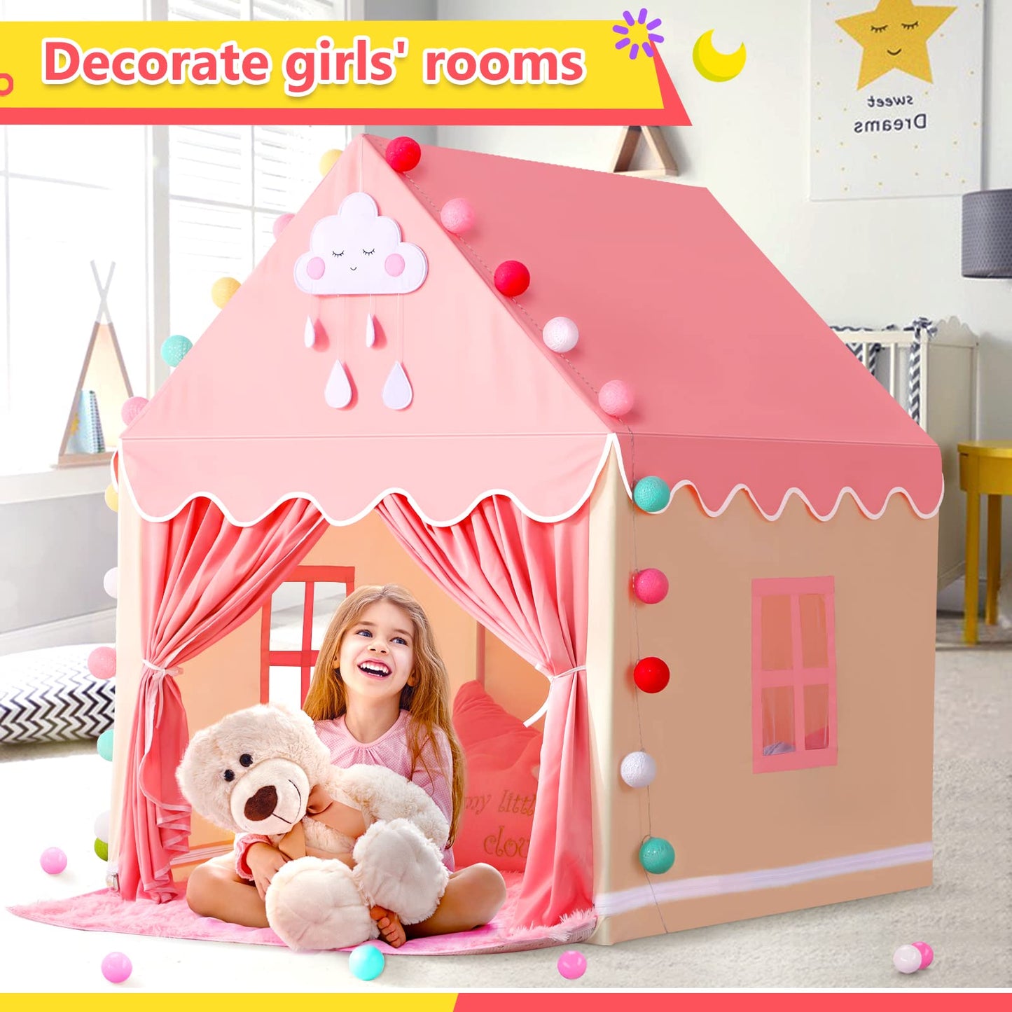 Kids Play Tent with Rug for Girls Large Fairy Playhouse for Kids Princess Castle Tent Gift Toys for Girl Toddler Children Play H