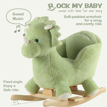 Rock My Baby Rocking Horse Green Dinosaur with Chair, Plush Stuffed Animal Rocker, Baby Rocker with Sweet Music, Wooden Rocking