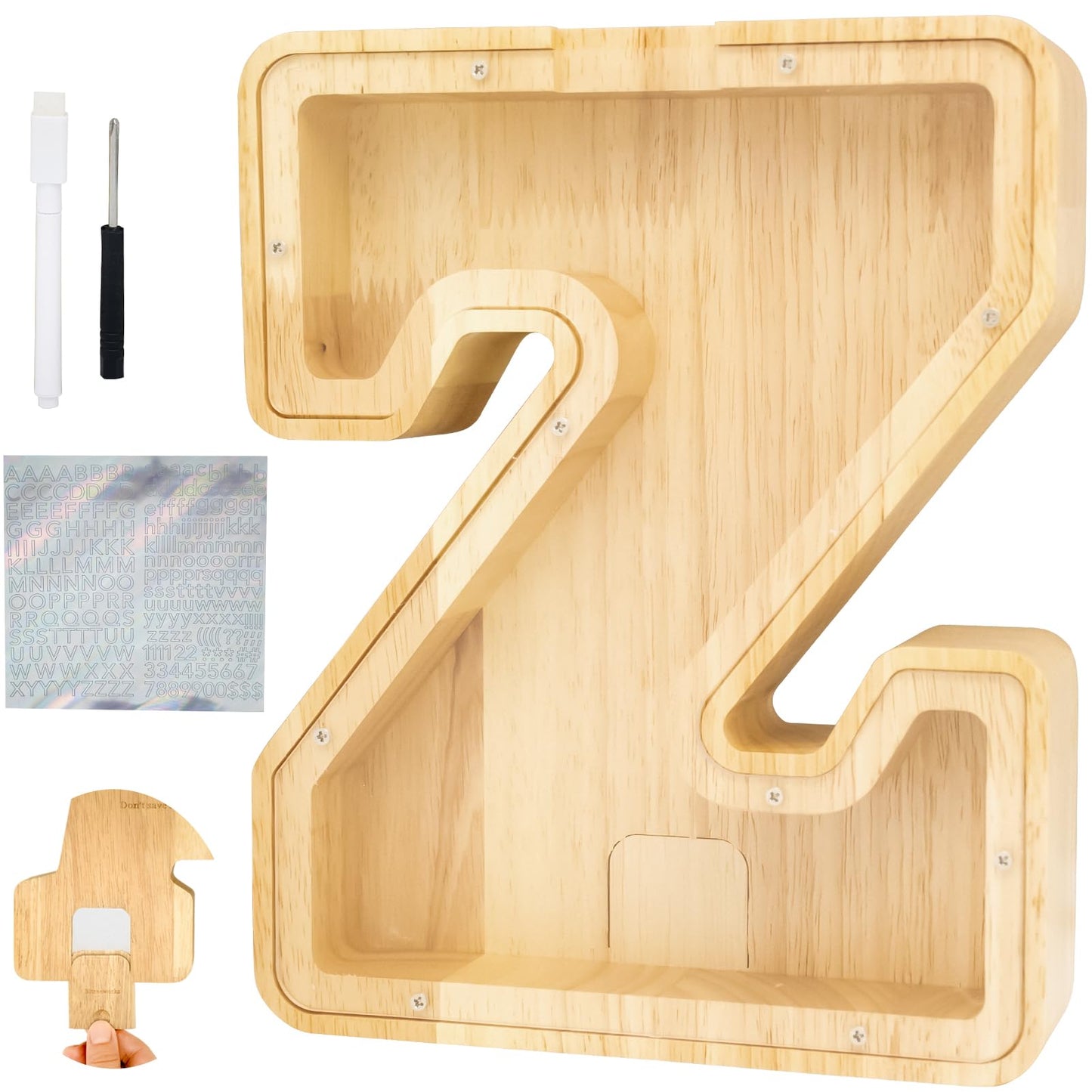 Bitreeworks Letter Piggy Bank, Personalized Wooden Coin Banks, Large Wood Money Peny Bank for Adults (9'', Alphabet Z)