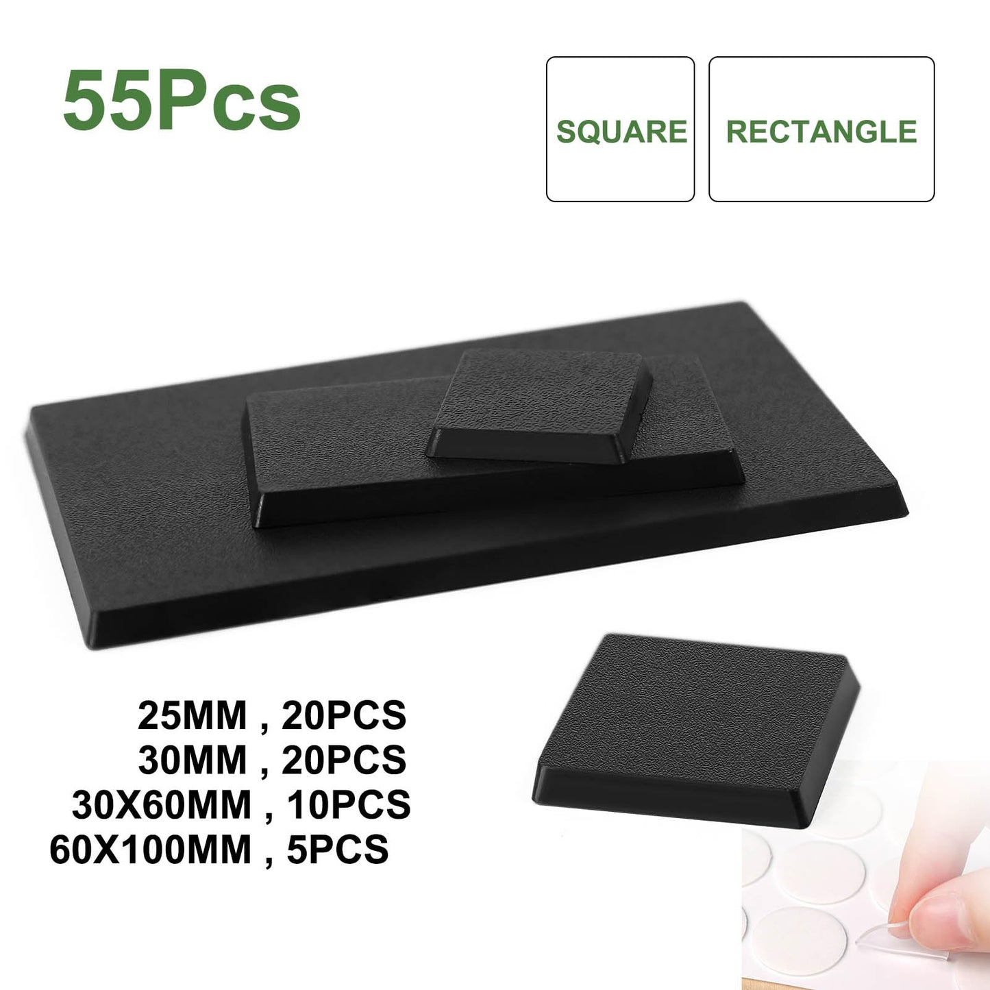 Evemodel Mixed Different Sizes Square Rectangle Bases for Wargames Tabletop (55pcs-2 Shapes & 4 Sizes)