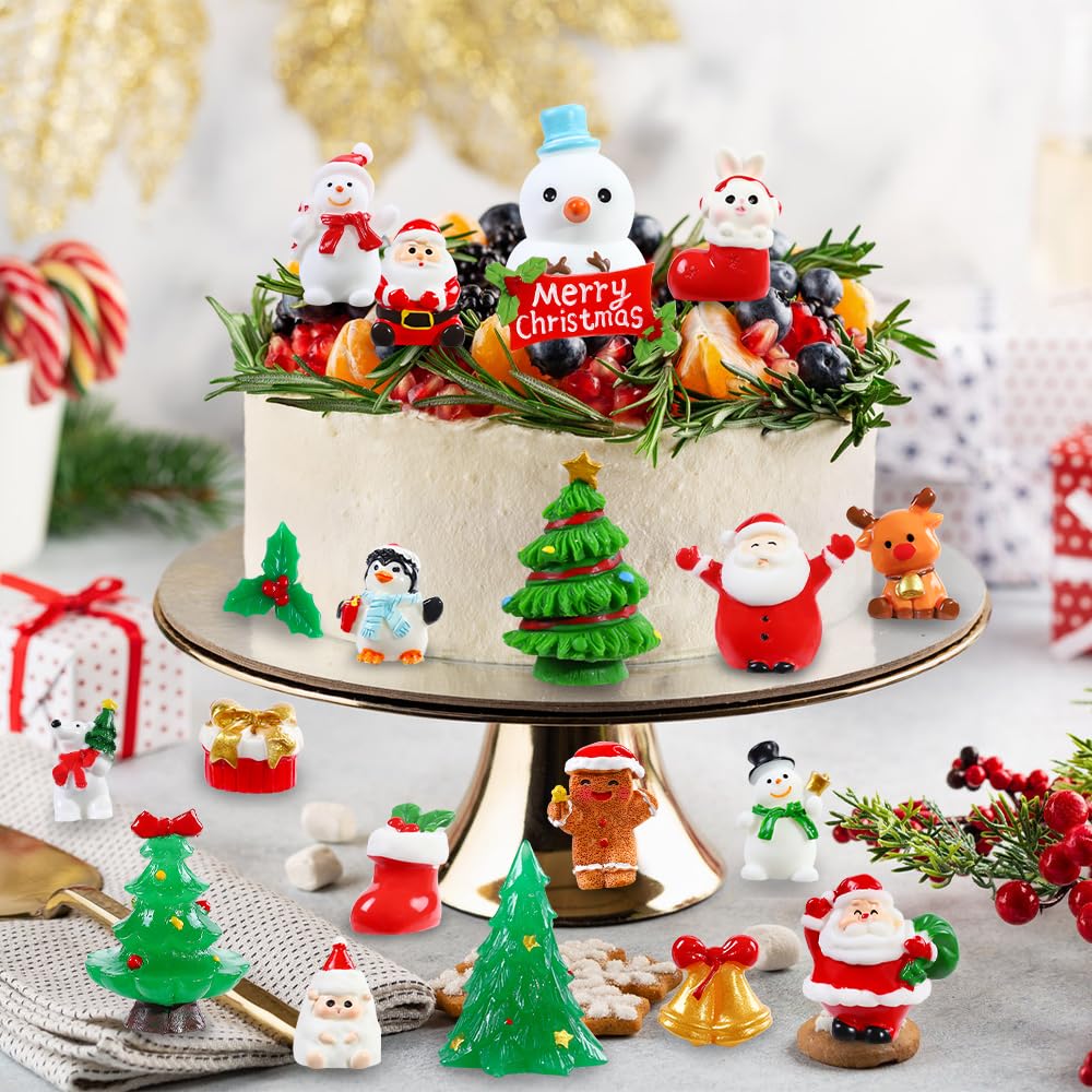 DIYDEC 32Pcs Christmas Miniature Figurines, Mini Resin Figurines to Hide Small Resin Santa Claus Snowman Xmas Trees Animals for