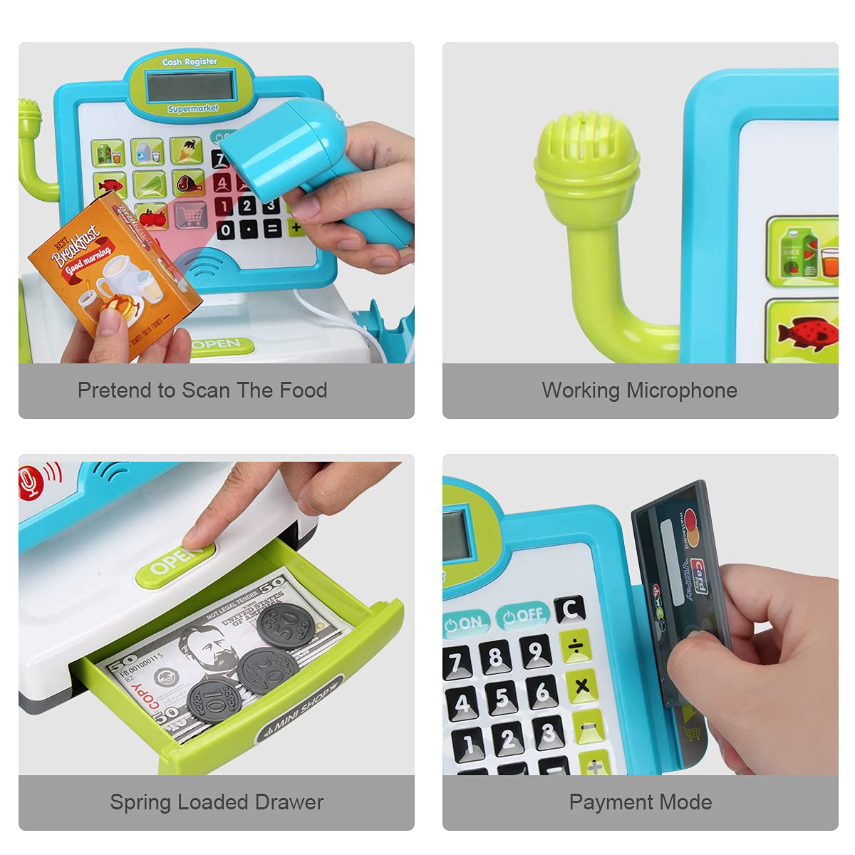 Fs Pretend Play Calculator Cash Register Toy As Preschool Gift For Kids, Classic Count Toy With Sound, Microphone, Scanner, Pret