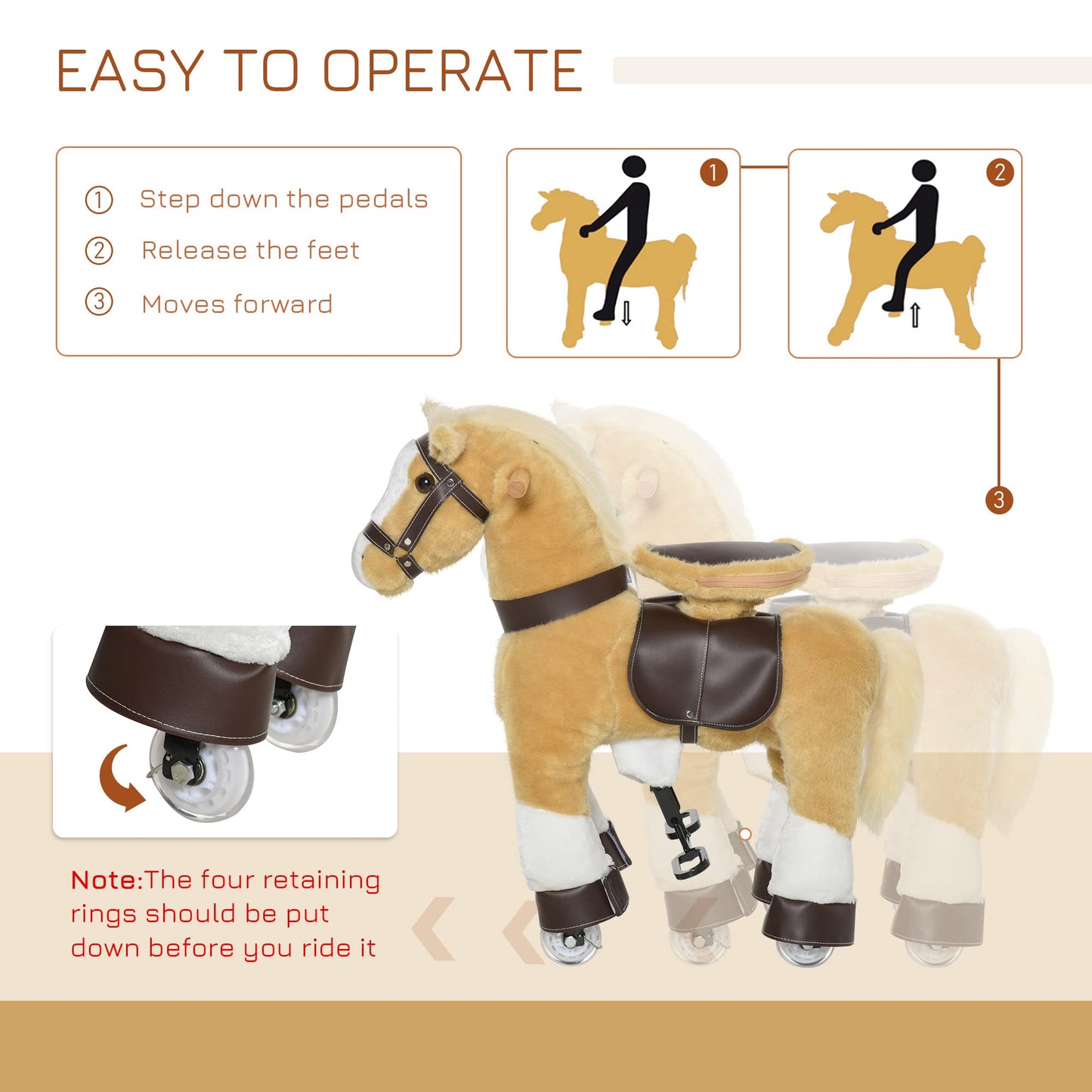 Qaba Ride-On Walking Rolling Kids Horse With Easy Rolling Wheels, Soft Huggable Body, & A Large Size For Kids 3-8 Years