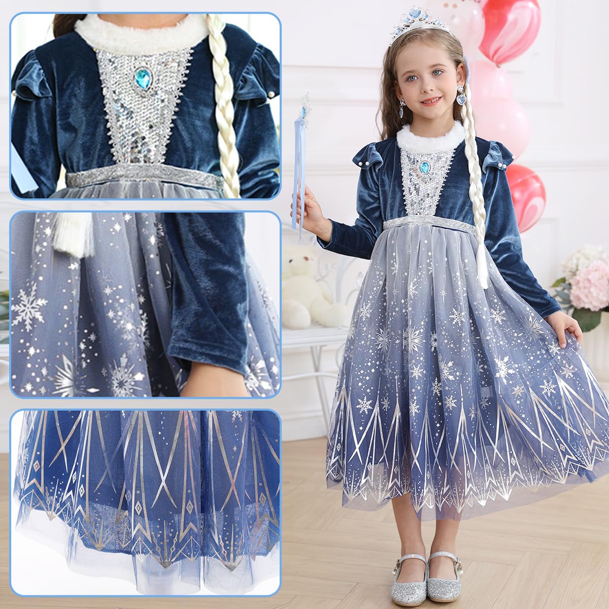 Luzlen Girls Elsa Costume Snow Princess Dress Up Blue Halloween Party Cosplay Outfits With Accessories, 4-5T(Tag 120)