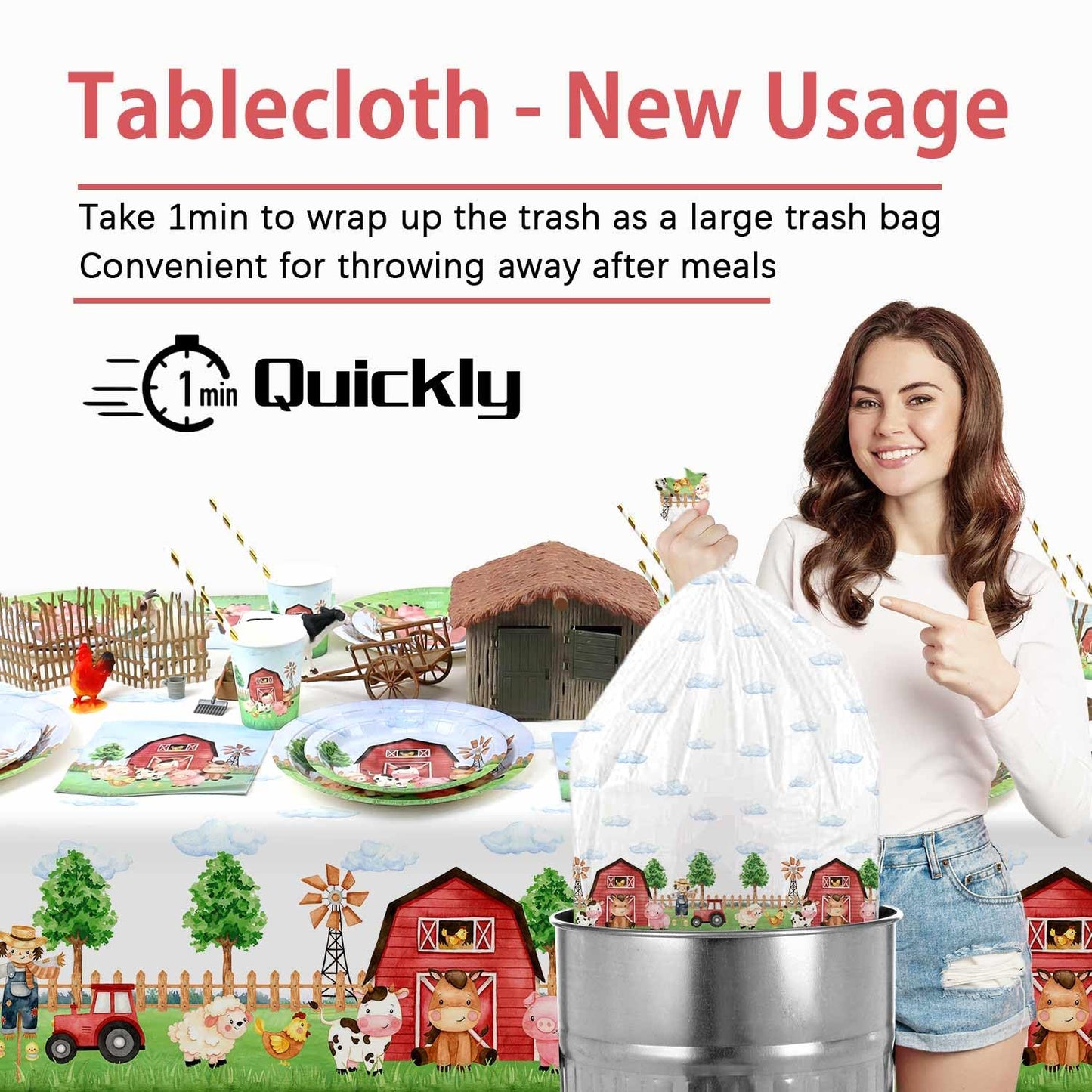 Heboland 3 Pieces Farm Animal Birthday Party Supplies Tablecloth, Large Size 54 x 108 Inch Rectangular Plastic Table Cover, Barn