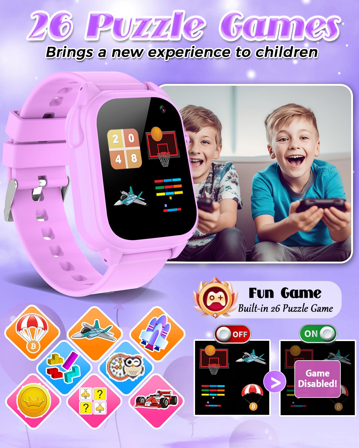 Waterproof Smart Watch For Kids 3-12 Years Old Boys Toys With 26 Games, Video Camera, Pedometer, Music Player, Alarm Clock, Flas