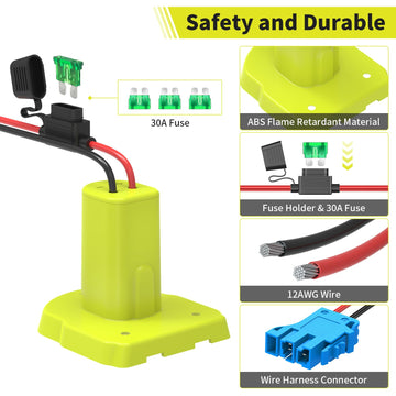 Kzreect Power Wheel Battery Adapter for Ryobi 18V, Compatible with Peg Perego, Includes Wire Harness, 12AWG Wire & 30A Fuses, Model RY+