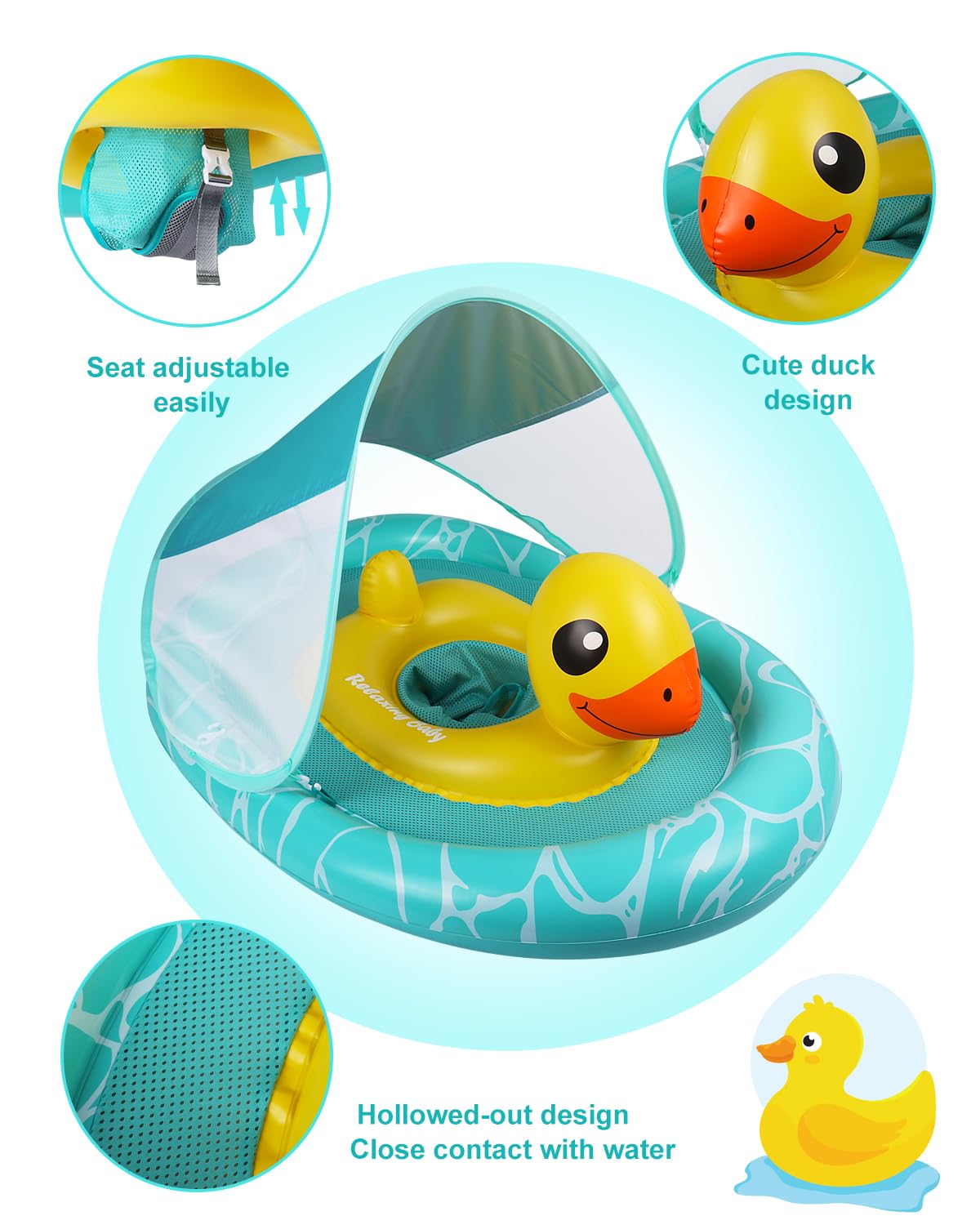 Relaxing Baby - Double Baby Pool Float With Adjustable Safety Seat,Canopy Upf 50+ Sun Removable,Inflatable Animal Style Float,Swimming Float With Pool Toys For 6-36 Months