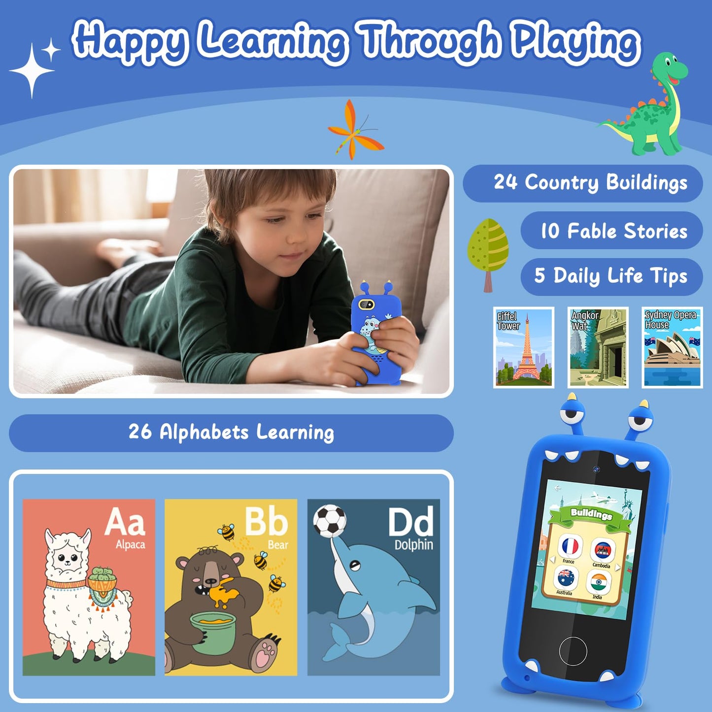 Deao Kids Smart Phone For Boys, Gifts For 3-10 Year Old Girls Christmas Birthday Kids Toys, Toddler Learning Play Toy Phone With