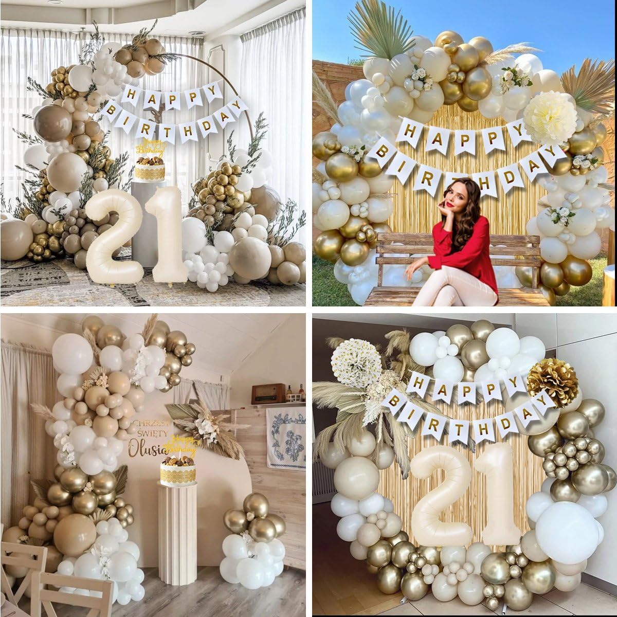 21St Birthday Decorations For Her, Happy 21St Birthday Decorations White And Gold Balloons Happy Birthday Banner Tablecloth Frin