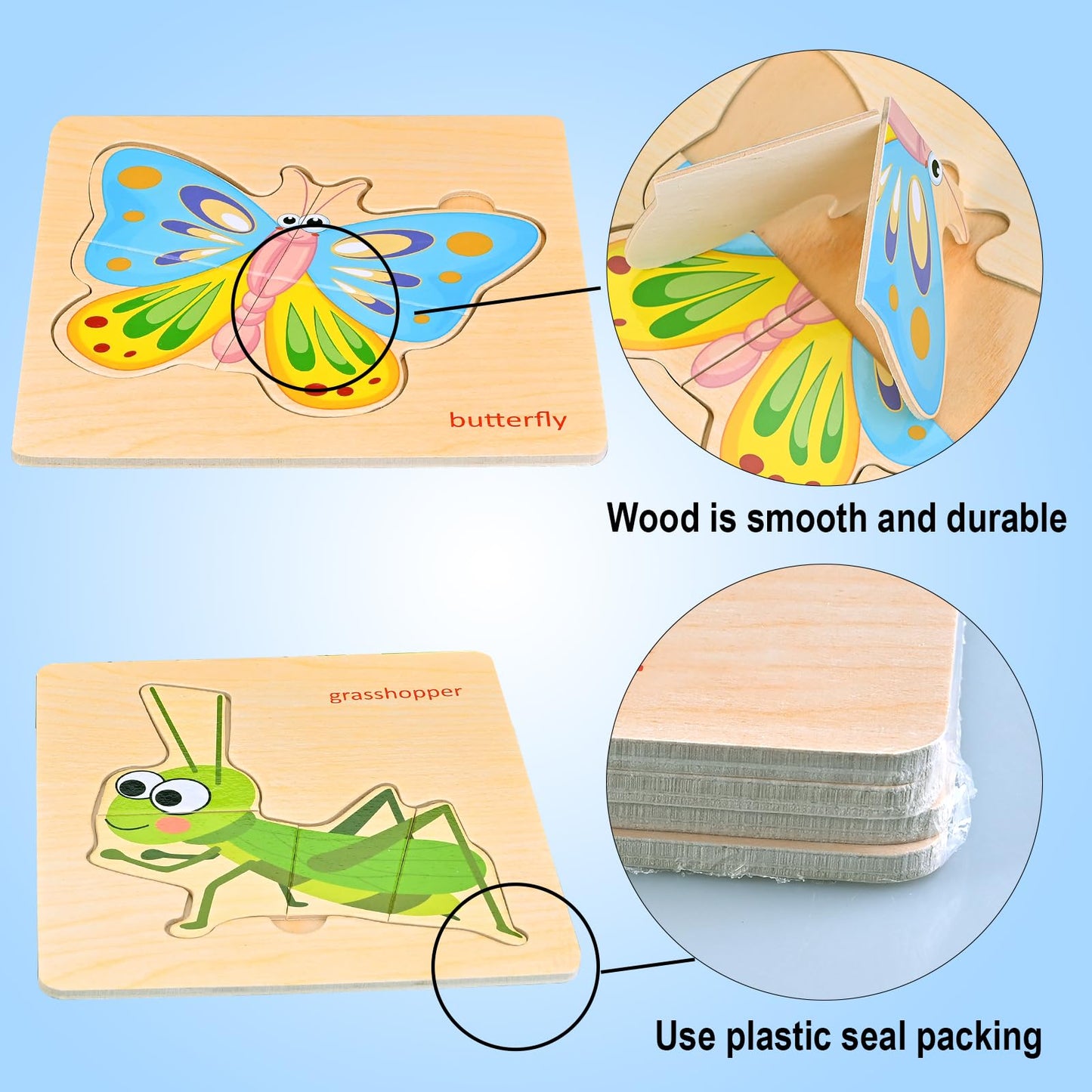 Faburo Wooden Puzzles for Toddlers, 8pcs Insect & Animal Shapes, Educational Montessori Toys for 1-3 Year Olds, Berry Color