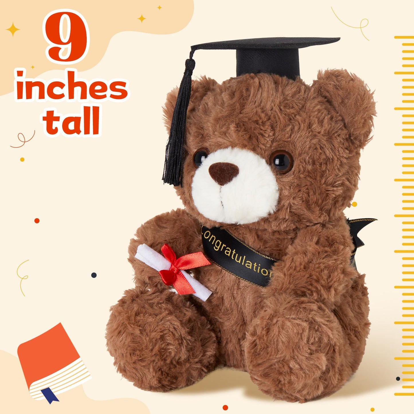 Athoinsu 9'' Graduation Bear Class of 2025 Teddy Bear Stuffed Animal with Black Grad Cap Soft Light Brown Kindergarten Preschool