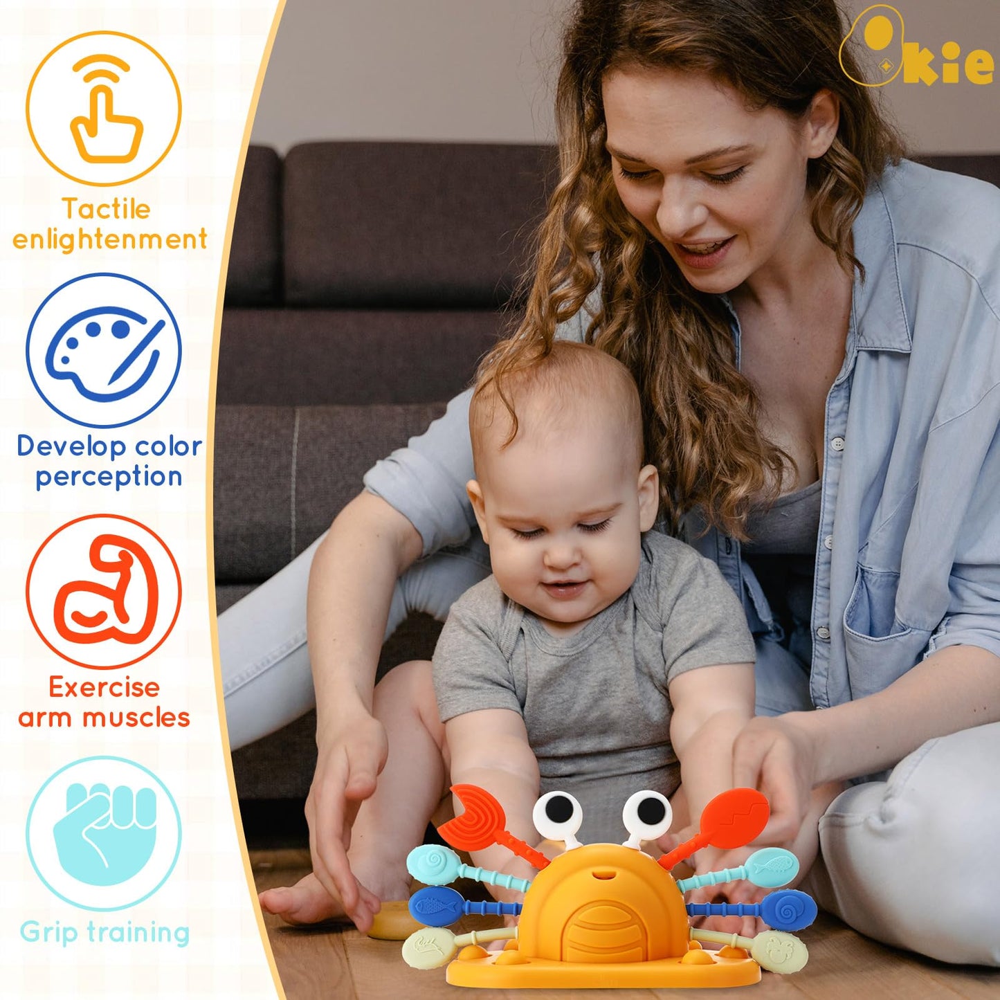 Qkie Montessori Toys for Babies 6-12 Months, Food Grade Silicone Baby Sensory Toys, Cutie Crab High Chair Toys, String Activity