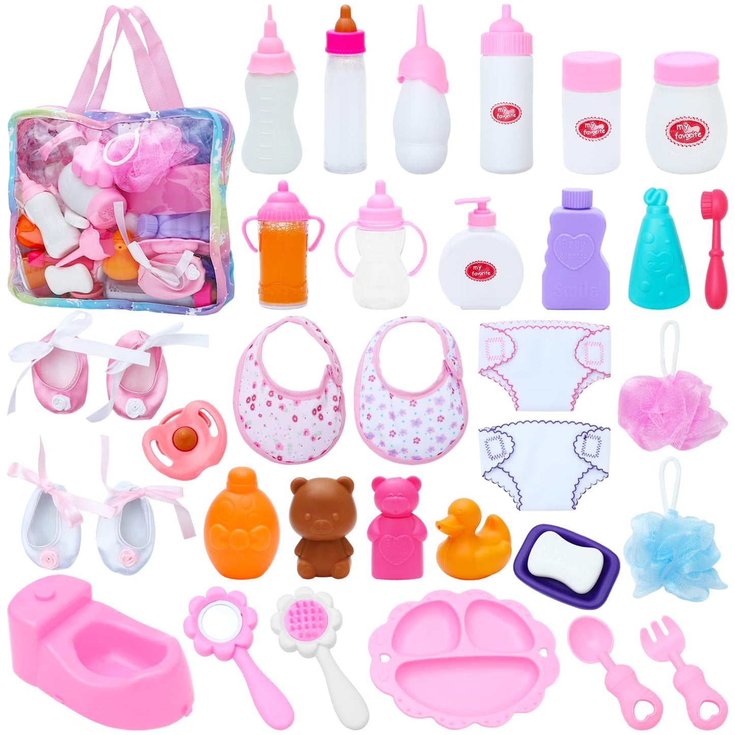 Sotogo 34 Pieces Baby Doll Accessories Baby Doll Feeding And Washing Set With Baby Doll Diaper Bag Set Baby Doll Accessories In Bag, Without Doll