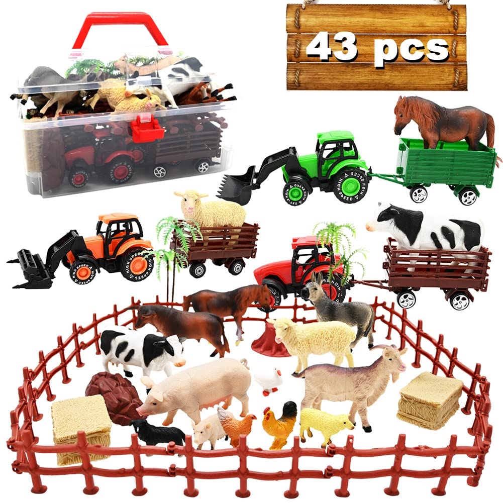 3 Pack Farm Toy Tractor With 40Pcs Plastic Animals Figurines And Fence Playset, Farm Figures Farmer Vehicle Toy Truck With Trailer For 3-12 Years Old Kids Boys Girls Toddlers