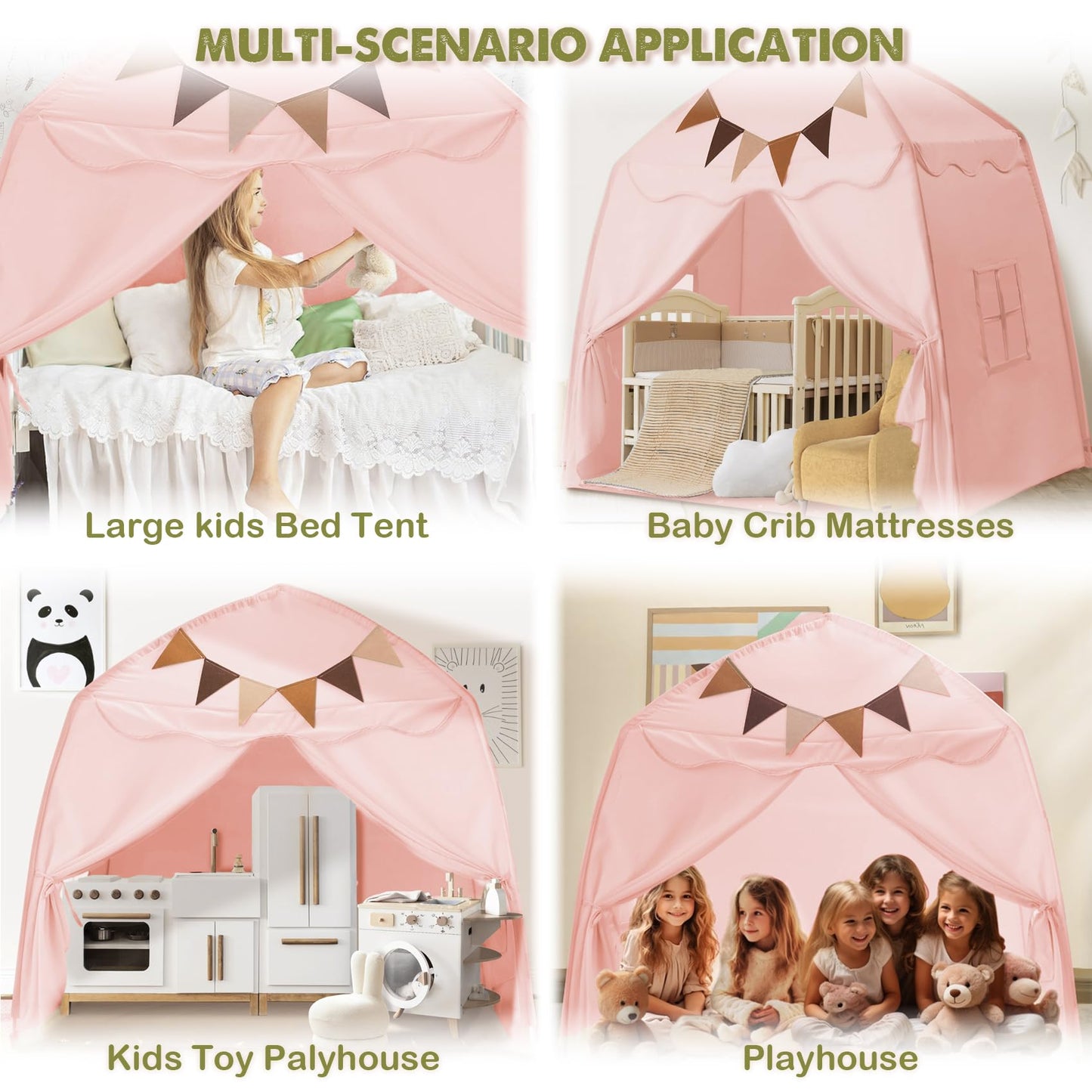 Extra Large Toddler Bed Tent & Kids Play Tent Bed Tent With Flags & Star Lights, Portable & Foldable Teepee, Indoor Outdoor Dome