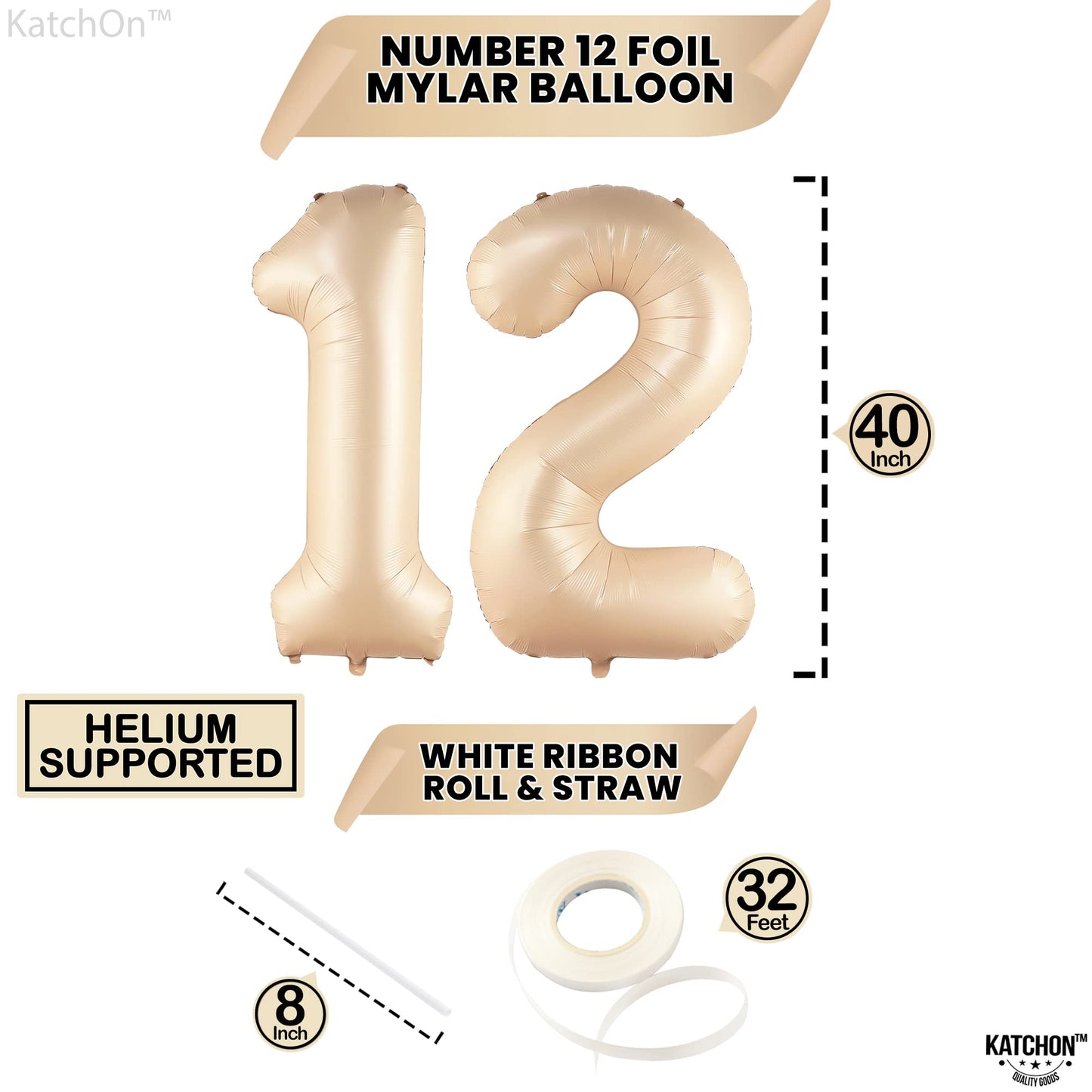 Katchon, Huge Caramel 12 Balloon Number - 40 Inch | Retro Apricot Number 12 Balloons For Birthdays | Happy 12Th Birthday Decorations | Nude 12 Year Old Balloon For Sweet 12 Birthday Balloon Decoration