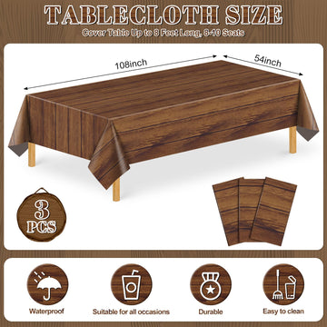3 Pack Wood Grain Plastic Tablecloth, 54 X 108Inch Rustic Wood Table Covers for Rectangle Table Disposable Vintage Farmhouse Tab