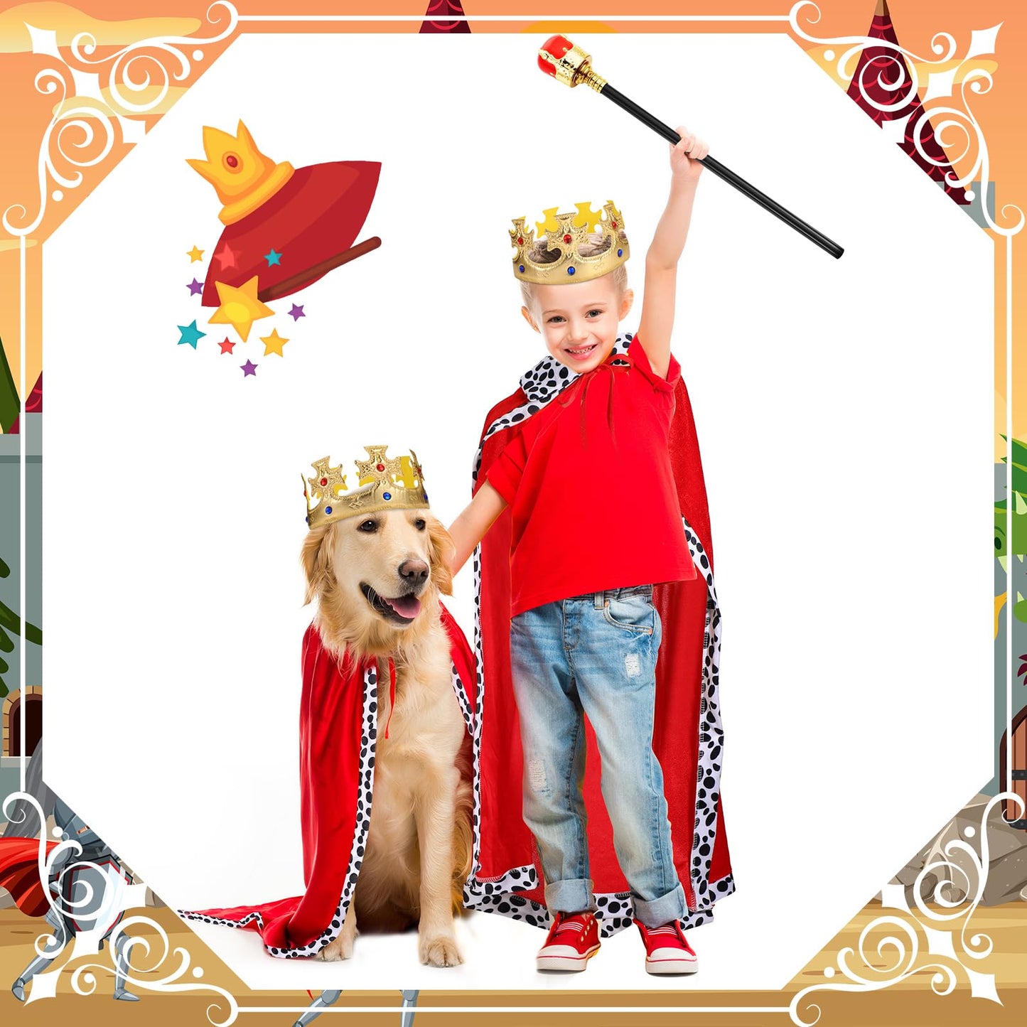 Shinymoon 3 Pcs Halloween Prince Costume For Kids King Crown Robe And Scepter Prince Costume For Boys King Prince Cosplay(Red)