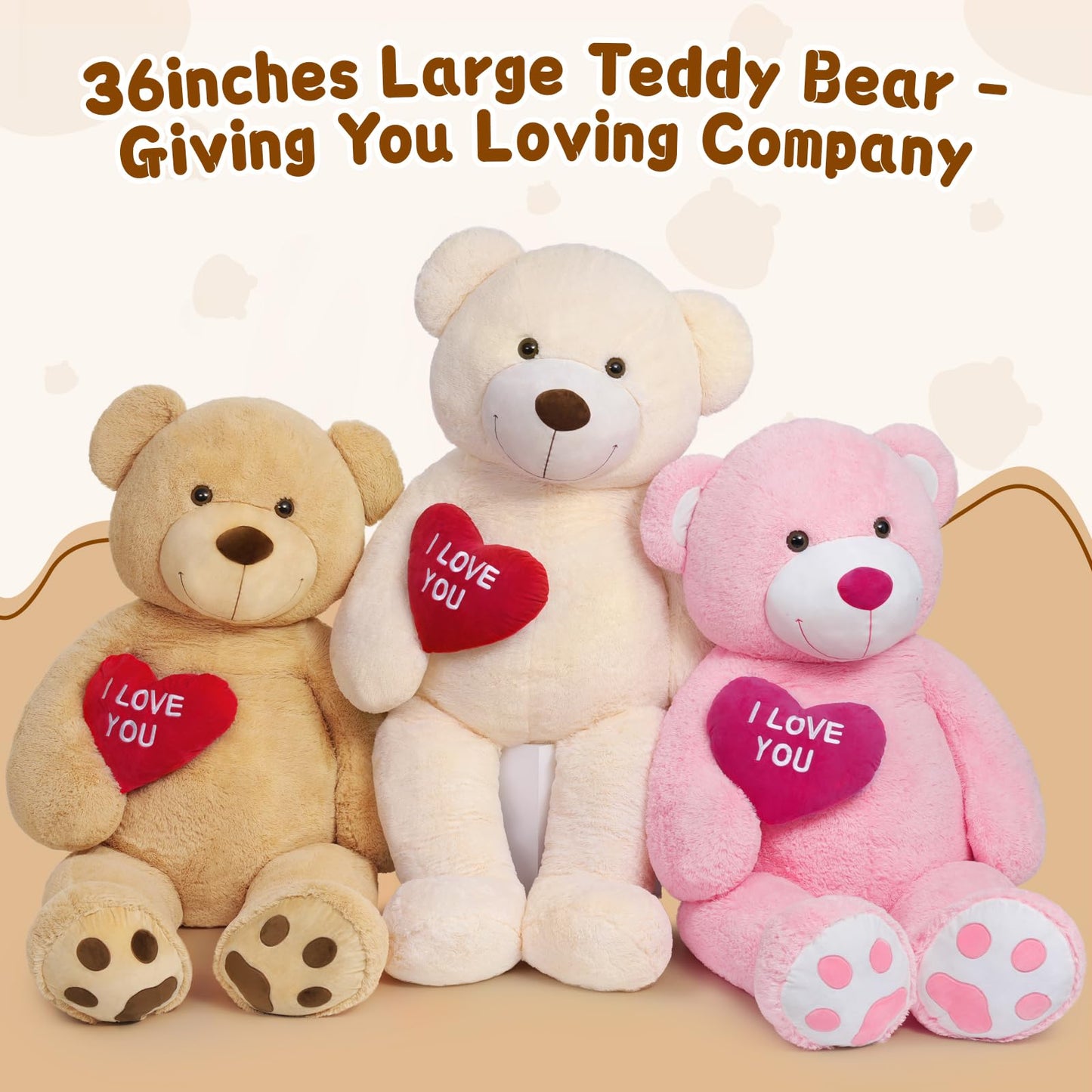 Maogolan Big Teddy Bear Stuffed Animal, Soft And Cuddly Giant White Teddy Bear Plush With I Love You Red Heart,Valentines Gift For Kids,Girlfriend,Boyfriend,Lover,36 Inches