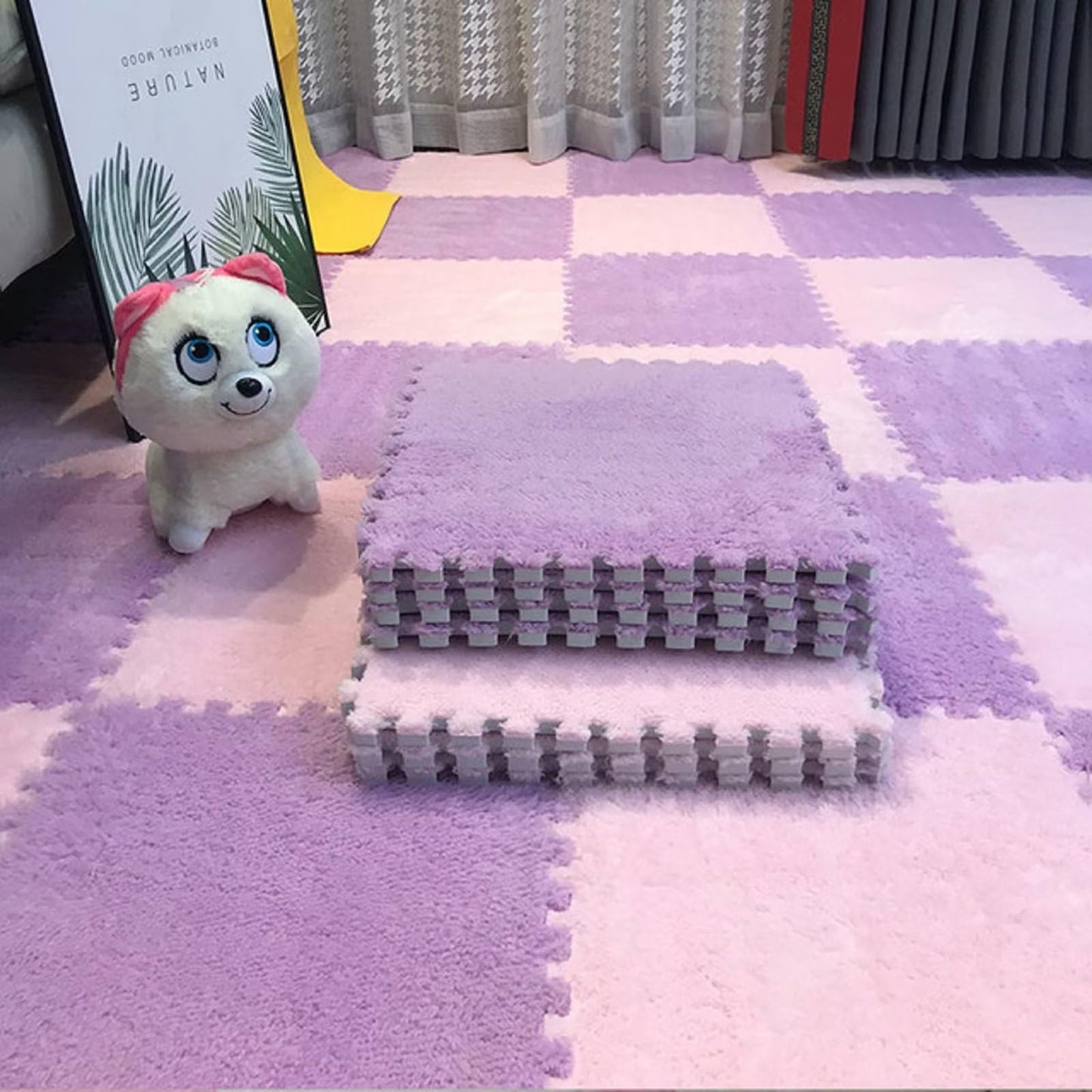 Typutomi 12Pcs Plush Puzzle Foam Floor Mat, Soft Thicken Fluffy Interlocking Square Foam Tiles Area Rugs Carpet For Parlor Bedro