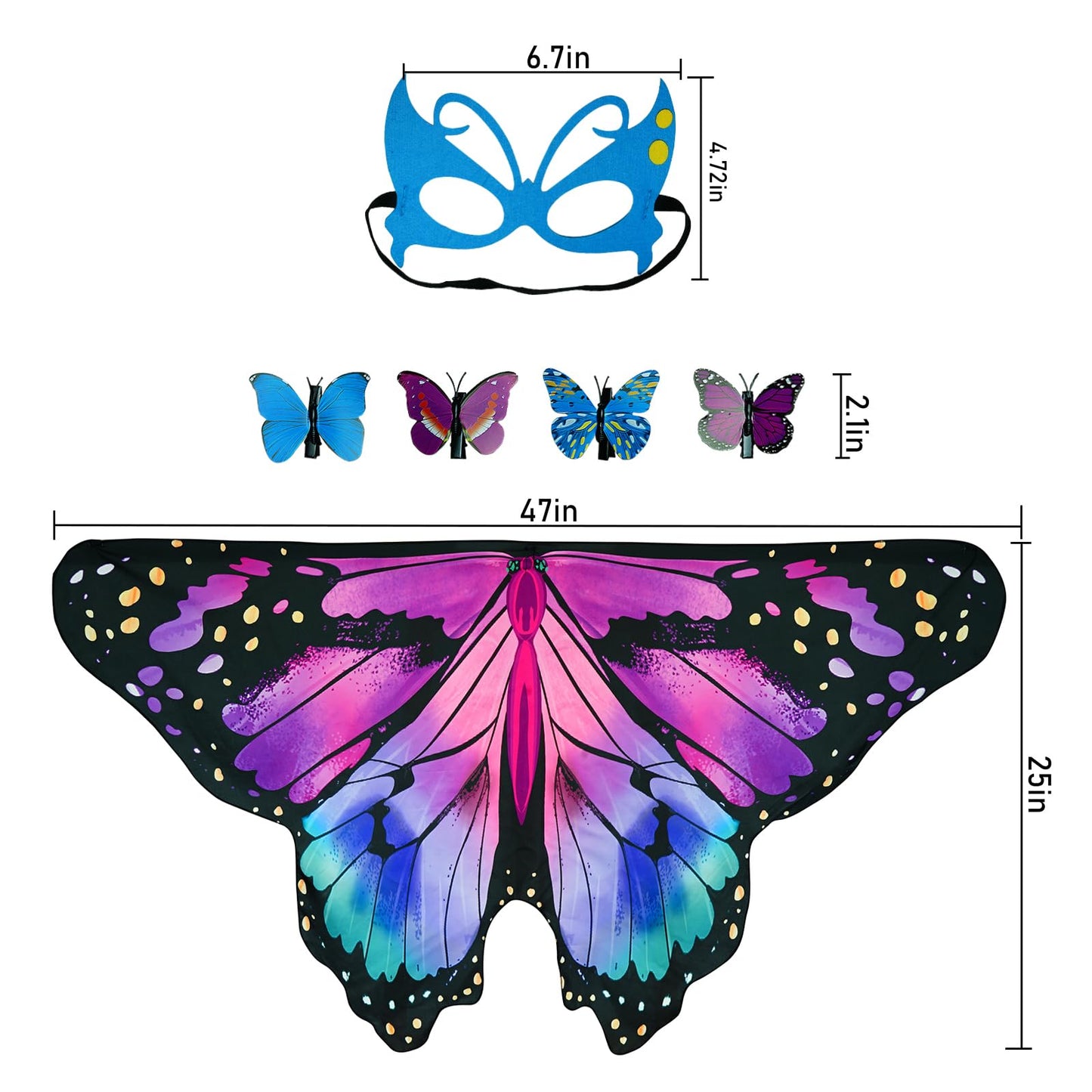 Kids Butterfly Wings Costume Girls Fairy-Wings Toddler Dress Up Play Costumes Butterfly Hair Clip Mask Party Favors (Purple Gree