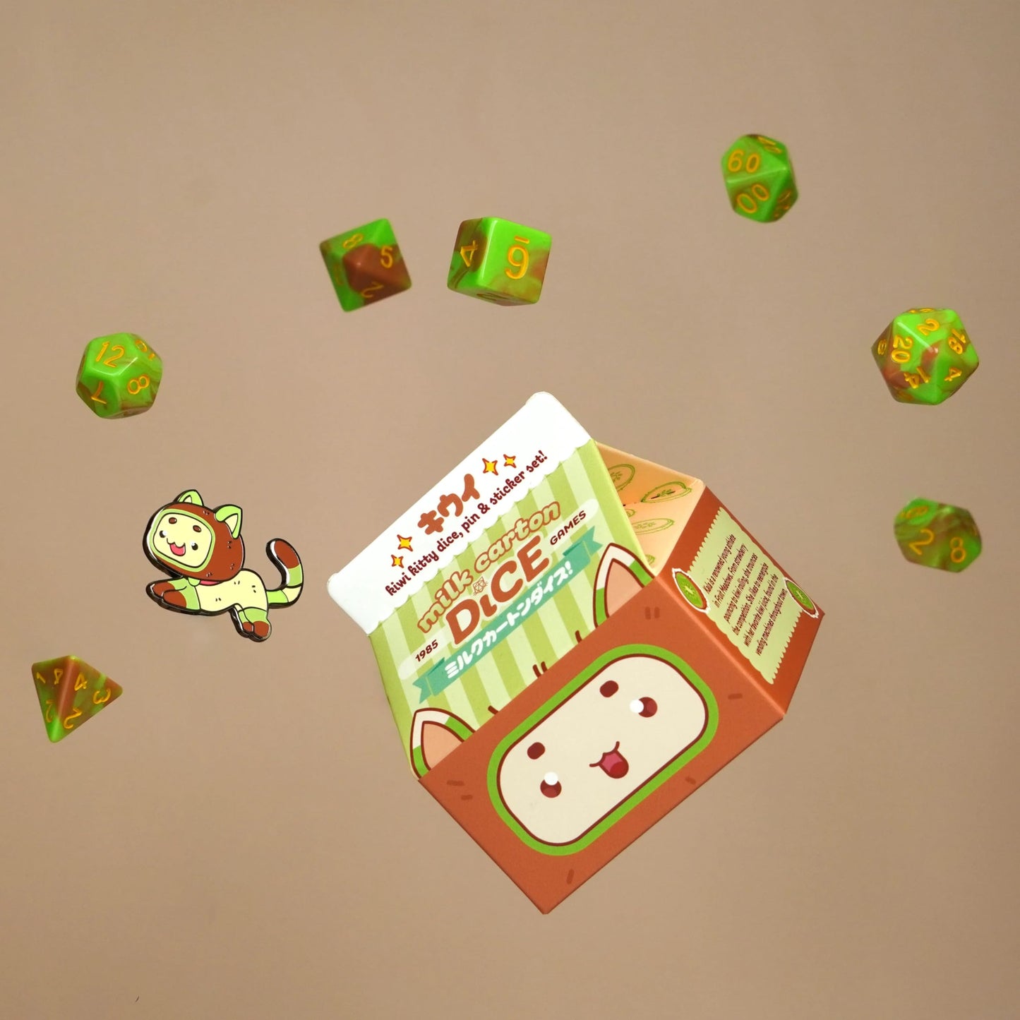 1985 Games Kiwi Kawaii Cat Dice Set - Milk Carton-Inspired Dice For Dnd | Ttrpgs & Tabletop Roleplaying