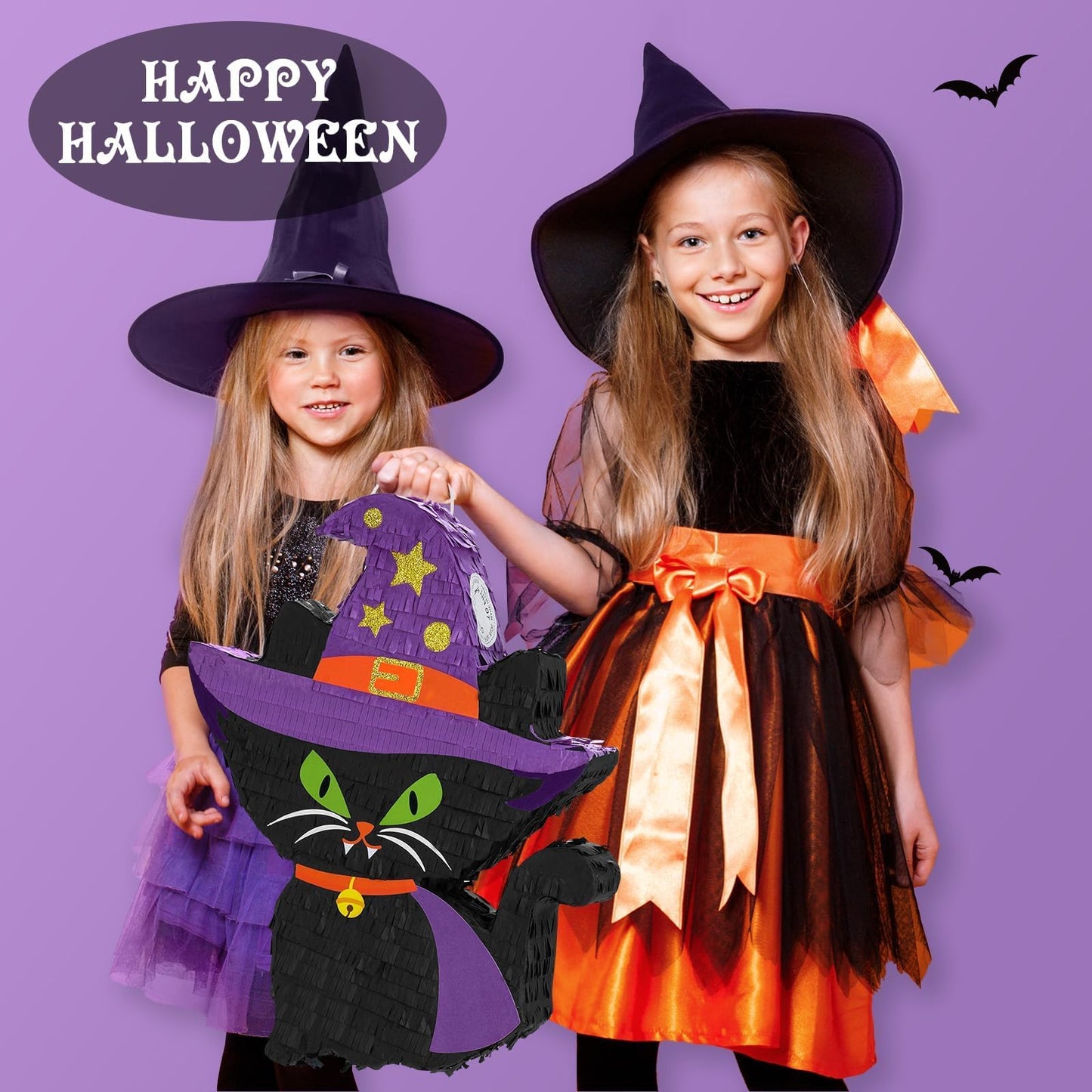 WERNNSAI Halloween Cat Pinata - Black Cat Party Decoration with Witch Hat, Paper, Kids Birthday Supplies, Includes Stick & Blindfold