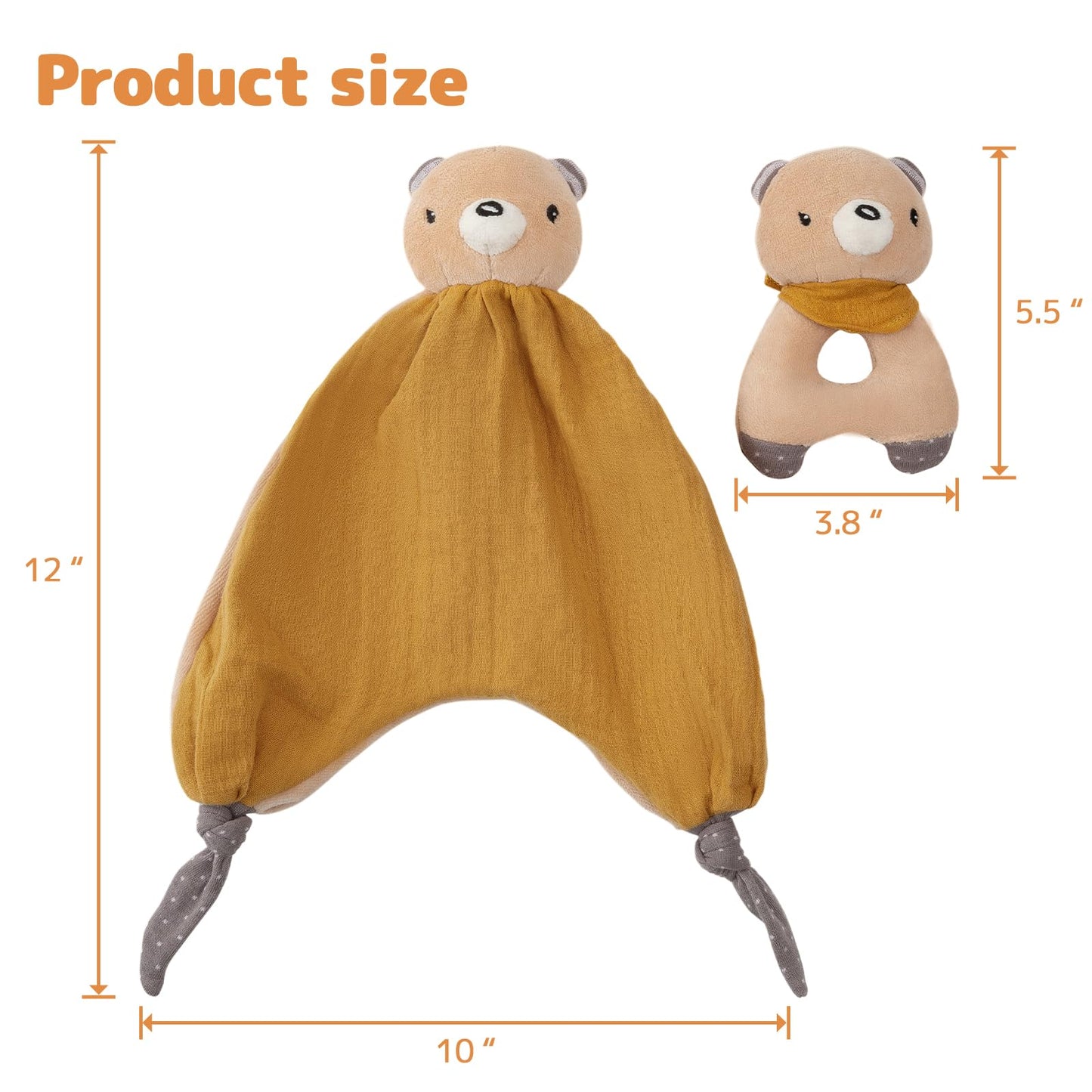 CUDDLE CORNER Organic Cotton Stuffed Animal Rattle Baby Toys, Plush Bear Cuddle Cloth and Hand Grip Ring Rattles Plush Toy Set f