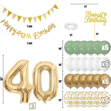 40Th Birthday Decorations For Women Men, Sage Green White Gold Birthday Balloons With Happy 40Th Birthday Banner Birthday Cake T