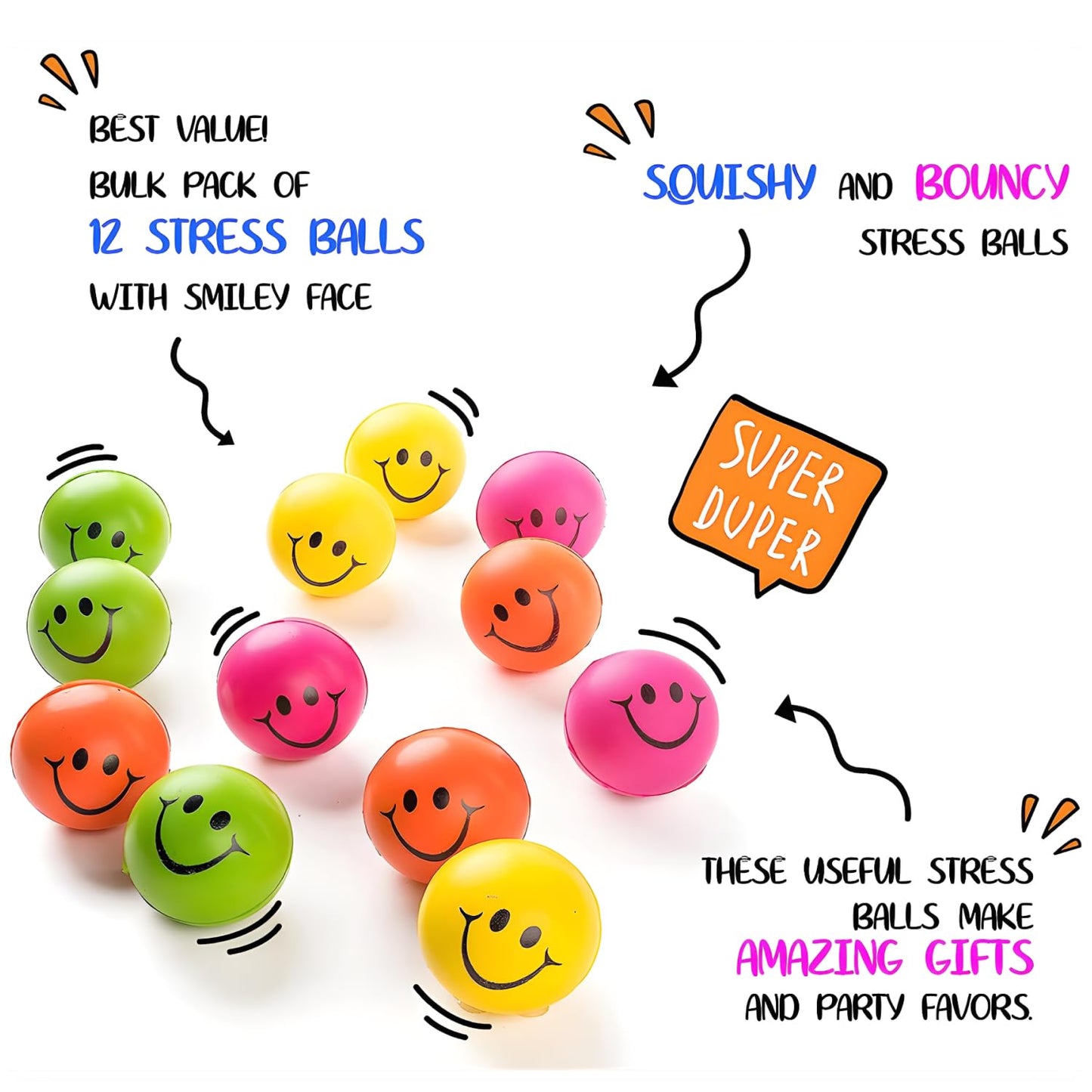 Neliblu Neon Smile Stress Balls For Adults And Kids - Foam Squeeze Balls For Stress Alleviation, Relaxation And Fun - Pack Of 12 Happy Face 2.5-Inch Stress Balls - Ideal For Parties, Therapy, And Toys