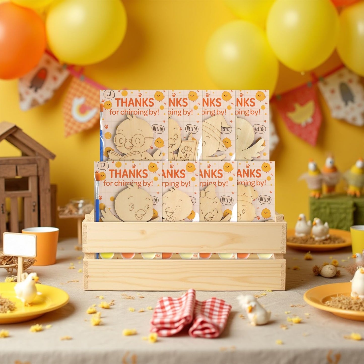 12 Pack Chicken Party Favors for Kids - Individually Wrapped Paint Your Own Wooden Magnet Craft Kits with Thank You Card, Farm B