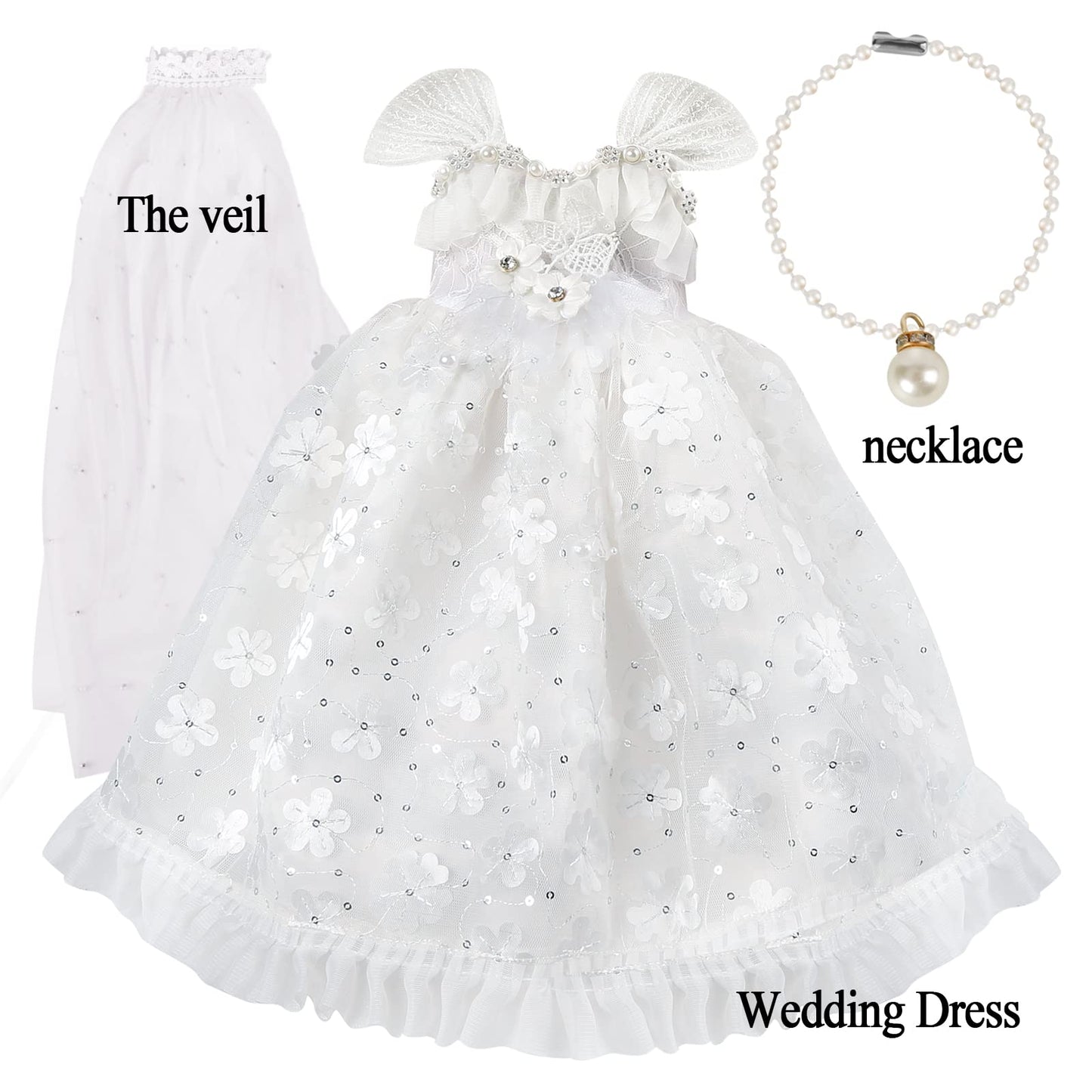 Mlcnles 18 Inch Doll Clothes Doll Wedding Dress Accessories Outfits For 18 Inch Doll Clothes - White Bride Dolls Gown Set With Long Lace Veil And Necklace For Girl Birthday Xmas Gift