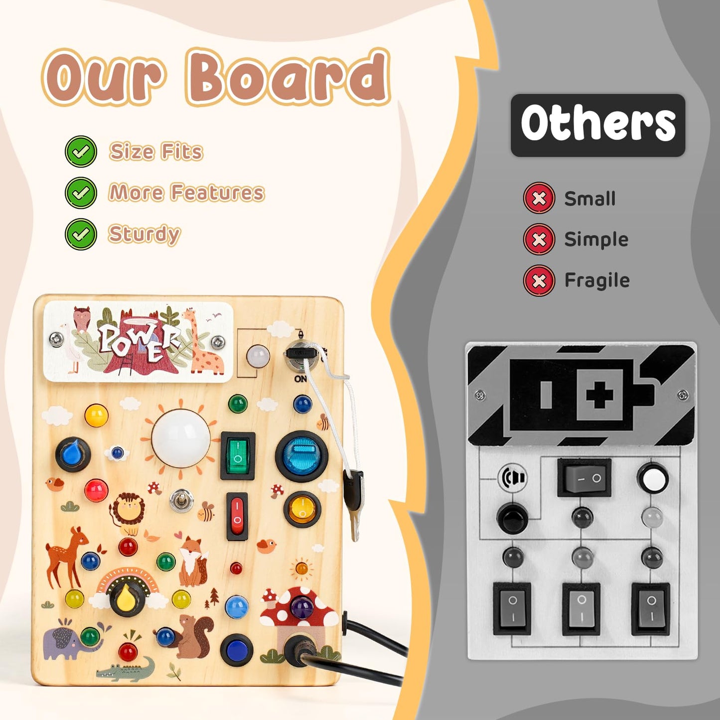 Joyreal Wooden Busy Board with LED Lights, Montessori Sensory Toy for Toddlers, Fidget Board for Fine Motor Skills, Forest Theme