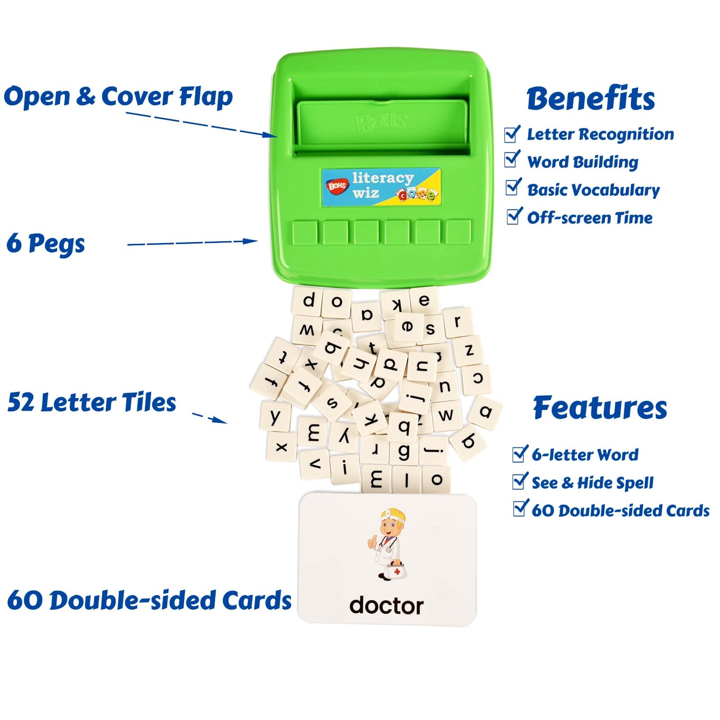 Bohs Literacy Wiz Fun Game - See And Hide Spell - Lower Case Flash Cards - Preschool Language Learning Educational Toys