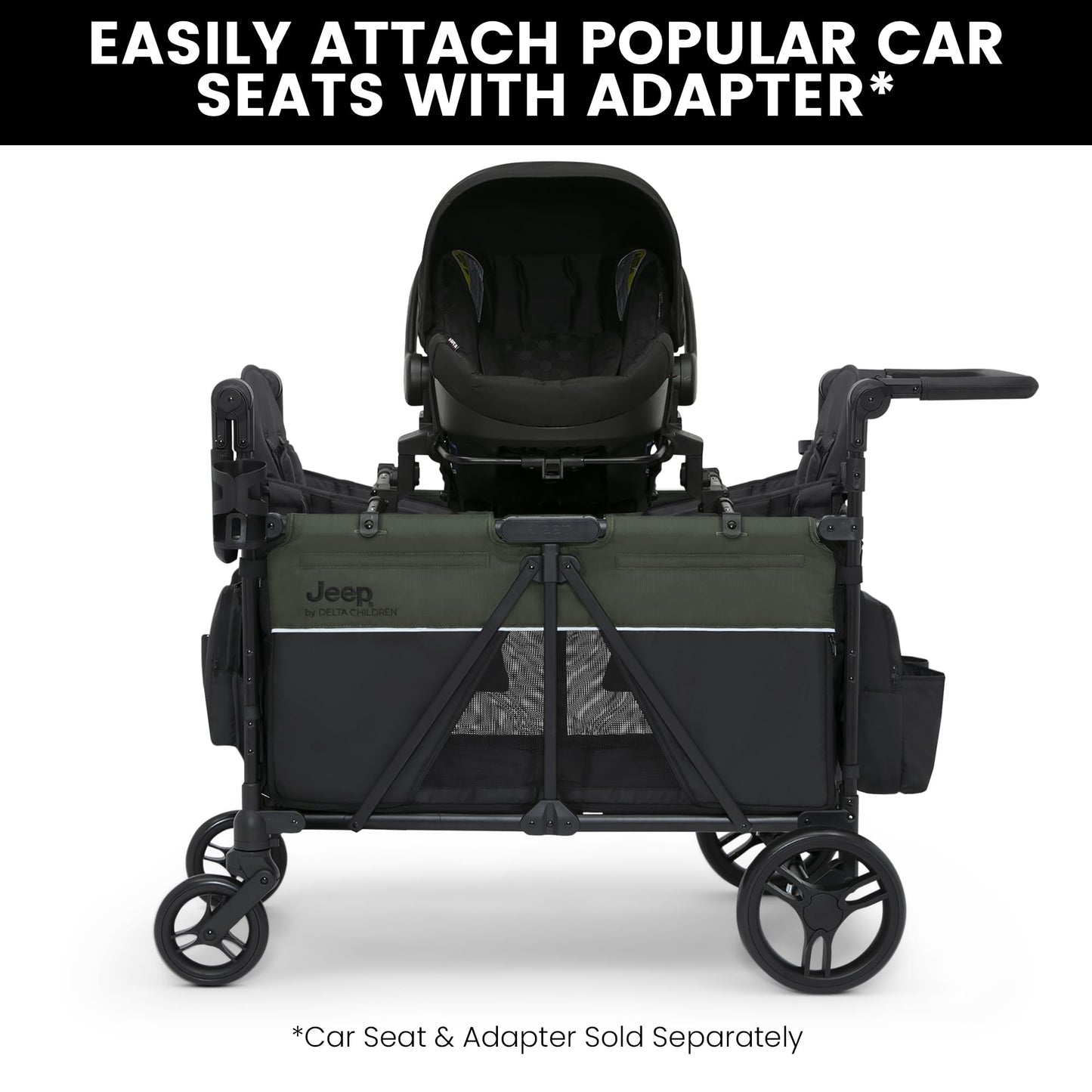 Delta Children - Jeep Wrangler Deluxe 4 Seater Stroller Wagon - enhanced Quad Stroller Wagon for 4 Kids with Convertible Seats Adjustable Push/Pull Handles Removable Canopy & Flat Fold Black/Green