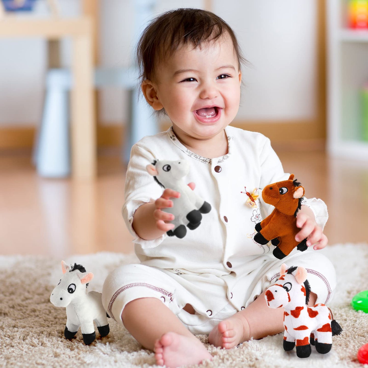 Zomiboo 9 Pack Horse Stuffed Animals Plush Toy Standing Stuffed Horse 4 Inch Mini Plush With Detachable Chain For Animal Theme Party Birthday Decoration Supplies(Cute Style)