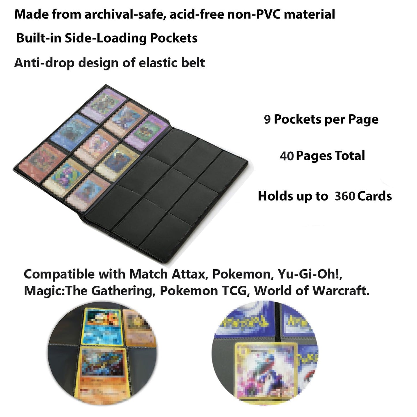 160 Pockets Trading Card Sleeves, Side Loading Pocket Binder, Album Pages Card Collector Coin Holders Wallets Sleeves Set (Black