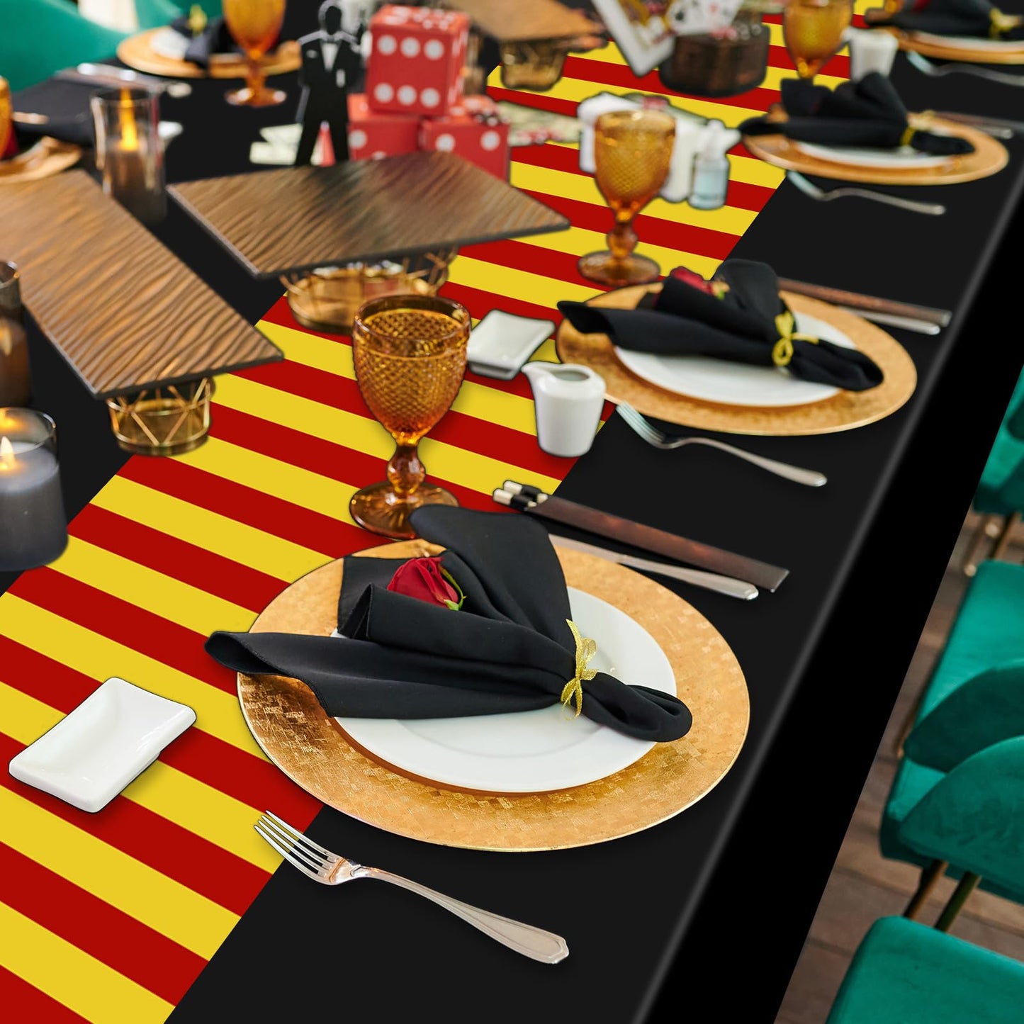 Oudain 6 Pcs Wizard Tablecloth 54 x 108 Inches Plastic Black Table Cover Red Golden Tablecloth Disposable Magical Party Supplies